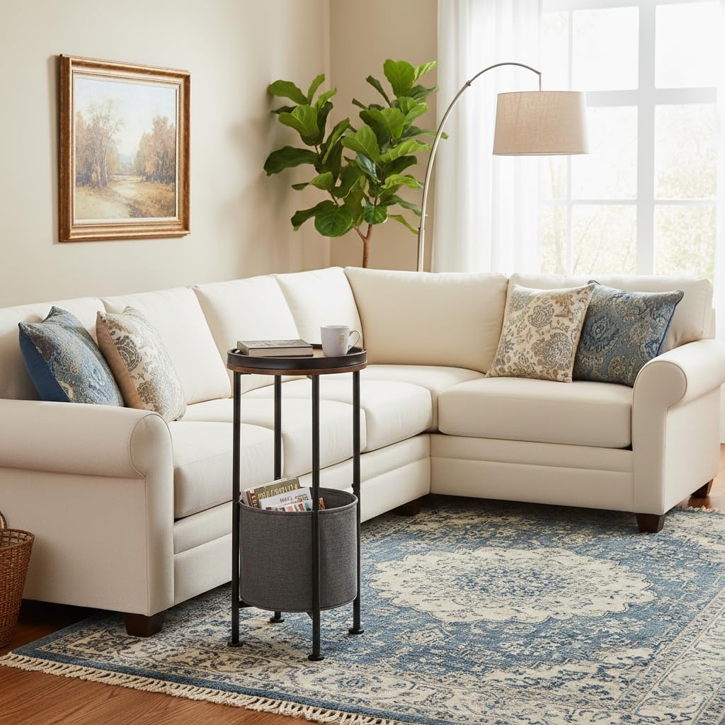 Small Round Side Table with Storage Basket, 2-Tier Round End Table for Living Room & Bedroom, 26" Tall Nightstand Modern Sofa End Table for Small Spaces (Rustic Brown)