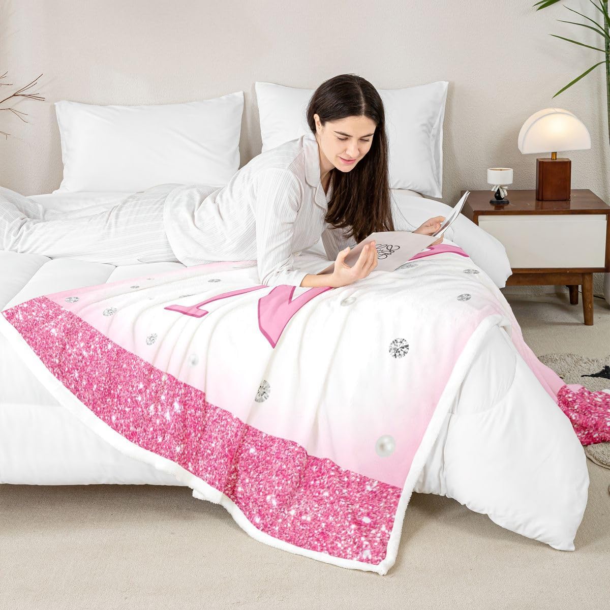 Feelyou Glitter Bow Sherpa Throw Blanket for Couch Letter 'N' Print Super Soft Cozy Fleece Pastel Blanket for Winter, Plush Throw Bow Knot Print Baby 30"x40" Colorful All Season