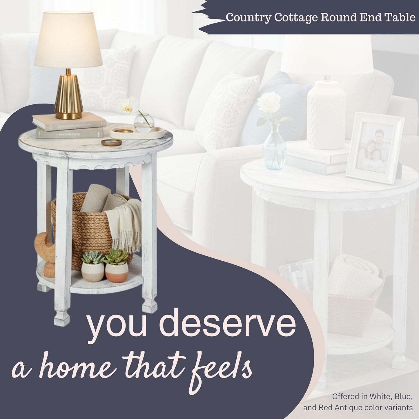 Alaterre Furniture Country Cottage Round End Table – 20” Rustic Farmhouse Side Table with Lower Shelf, Carved Edges & Square Turned Legs – Accent Table for Living Room or Bedroom (Antique White)