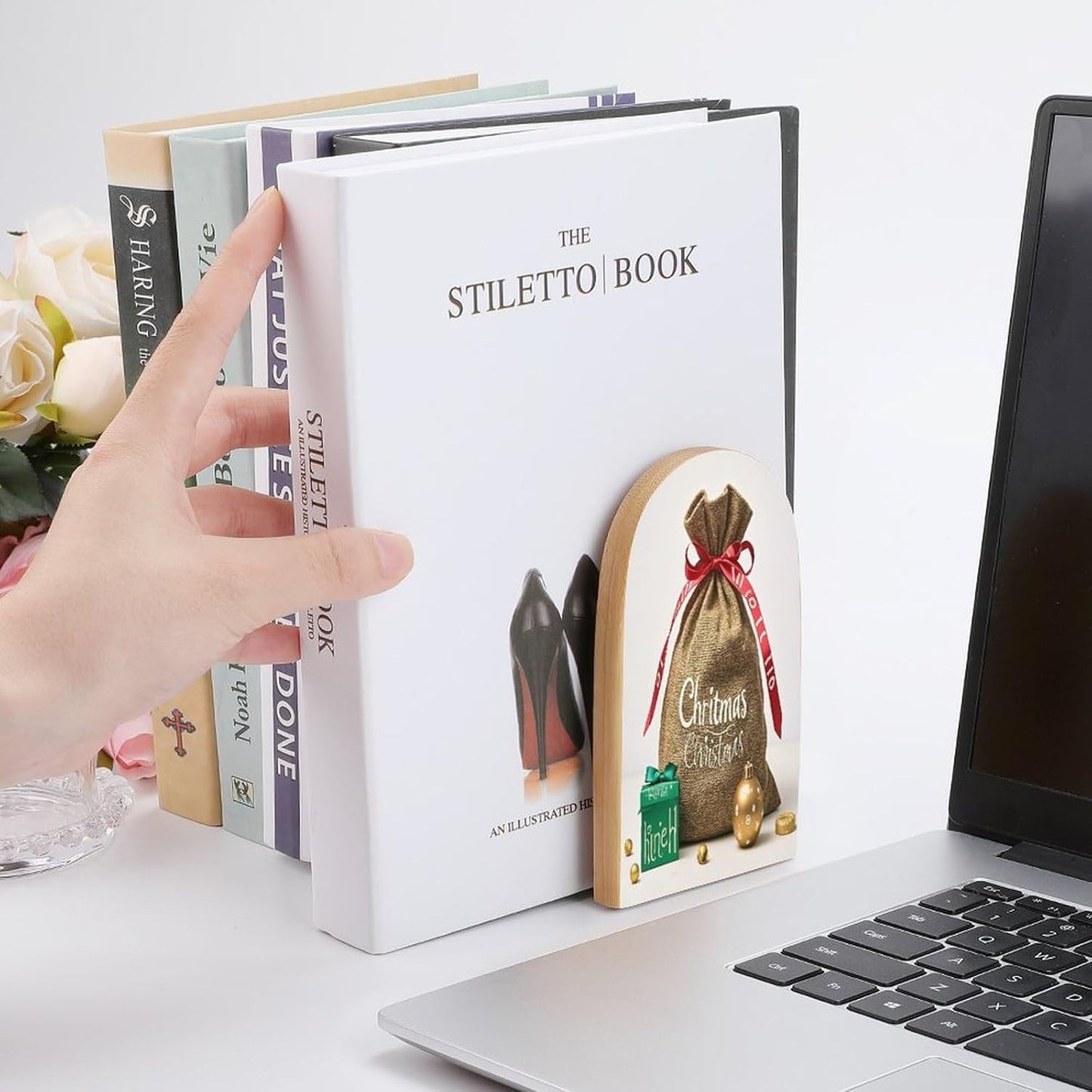 Christmas Sack Present Bookends 1 Pair Heavy Duty Book Ends for Shelves Non-Skid Bookend Supports Wooden Book Holders with Metal Base Desk Organizers Books Storage to Hold Books