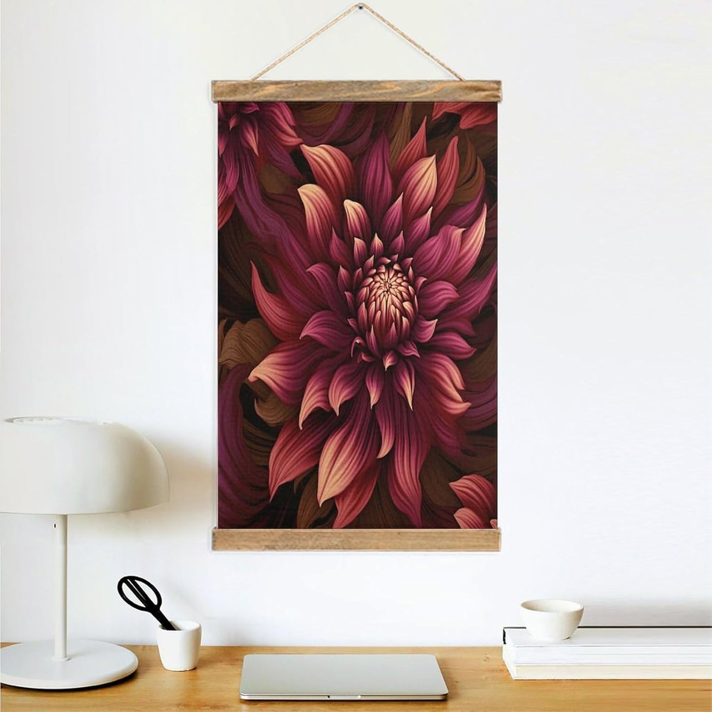 Vintage Wine Red Artistic Flower Poster with Wooden Frame Personalized Linen Hanging Scroll Painting Rustic Wall Hanging Illustrative Modern Artwork Decor for Home Living Room Bedroom Office