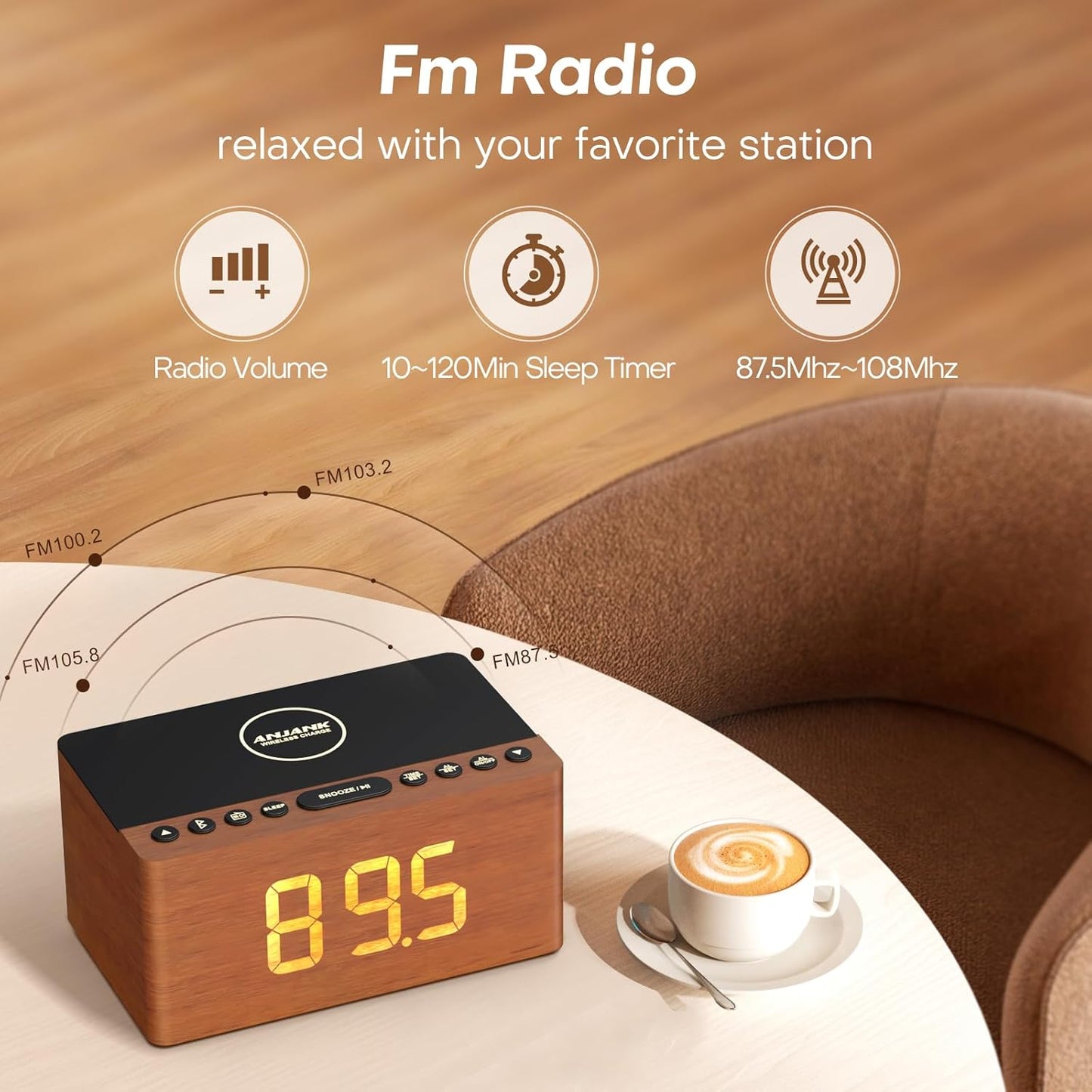 ANJANK Wooden Bluetooth Speaker, Alarm Clock with FM Radio, Qi Certified Fast Wireless Charging Station for iPhone/Samsung, USB Charger Port, Dimmable Display, Digital Wood Clock for Bedroom, Bedside