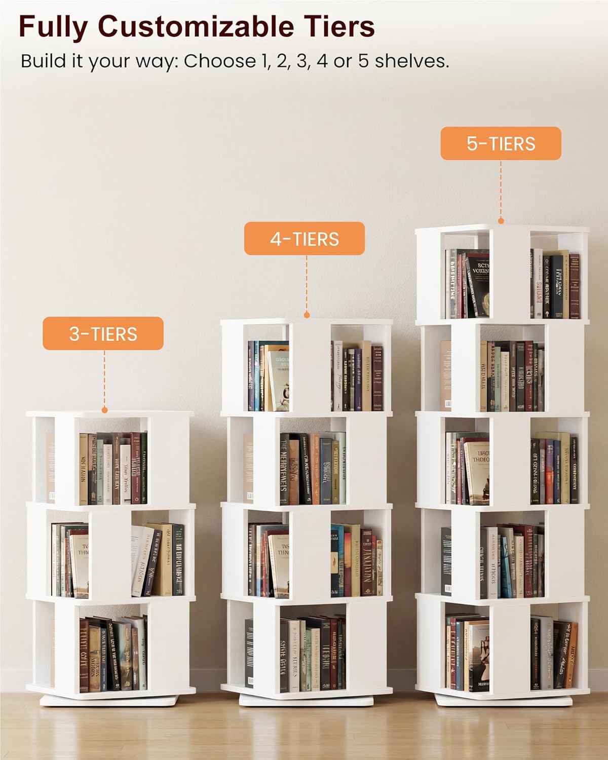 Foxemart 5-Tier Rotating Bookshelf Tower, 360° Spinning Modern Book Storage Bookcase, Stable Display Corner Book Shelf for Kids Room, Living Room, Bedroom, Home Office, White