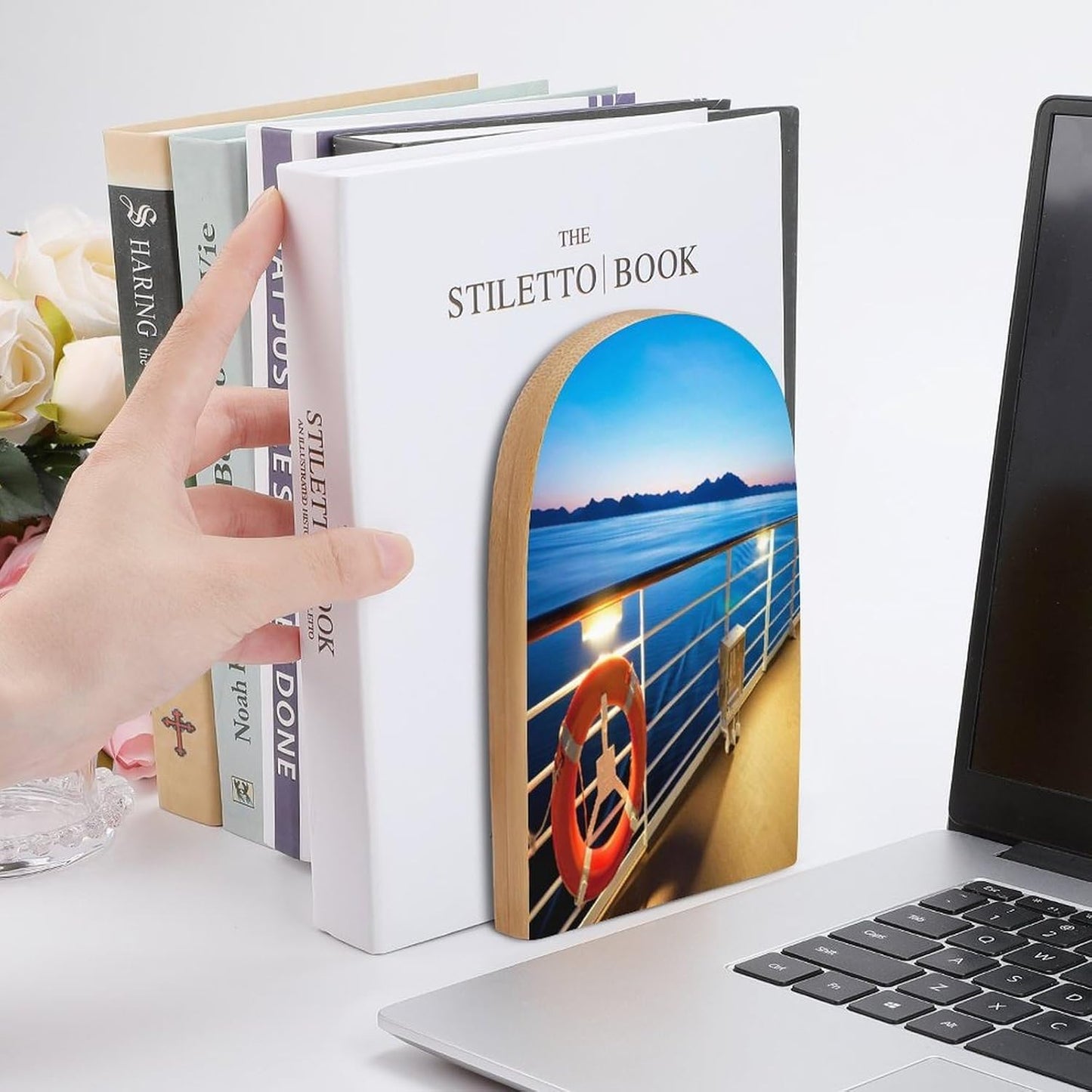 Pool Party Cruise Ship Wooden Bookend Non-Slip Book Ends Heavy Duty Book Stopper with Metal Base Books Holderd Decorative Bookends Stands Firmly for Office Supplies