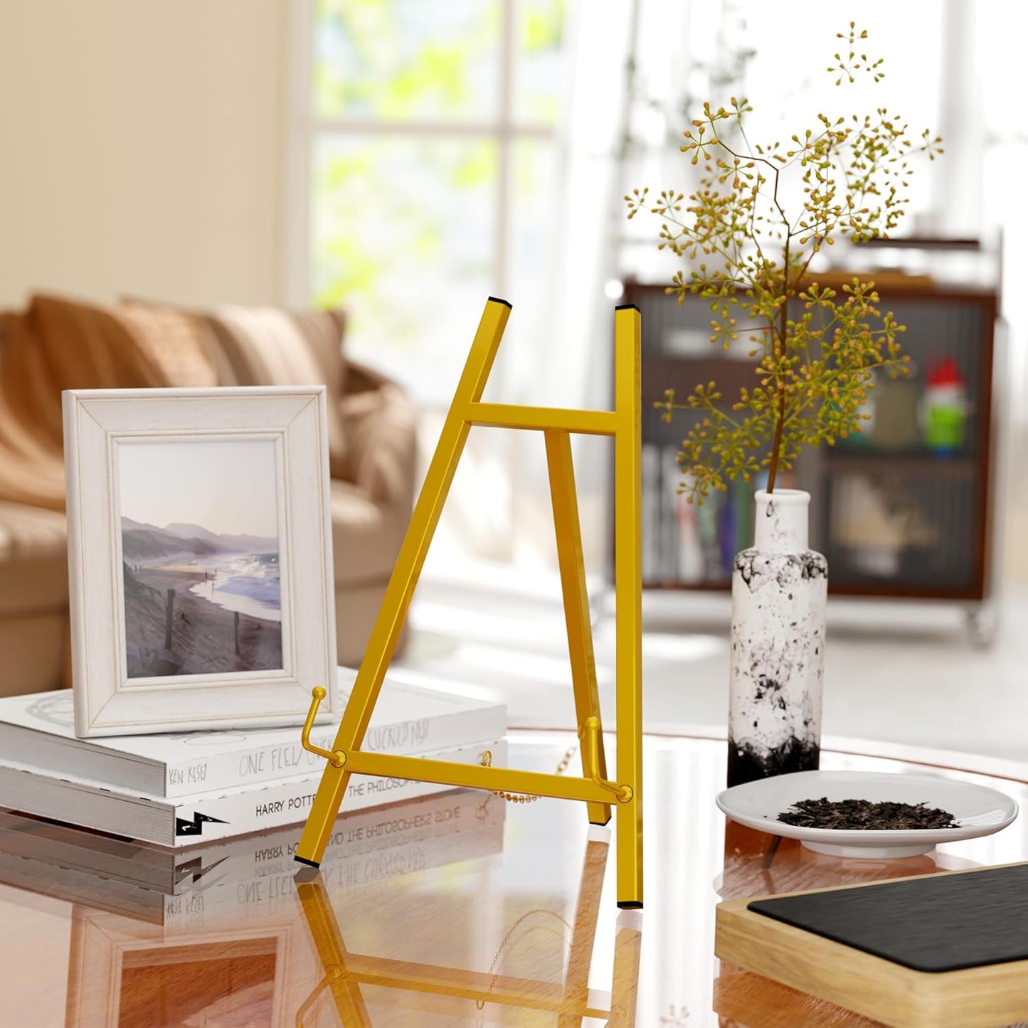 Table Top Easels for Display, Metal Small Easel Stand for Display Tripod Art Picture Mirror Modern Plate Holder Floor Stands for Display Book Photo Wedding Sign(Gold)