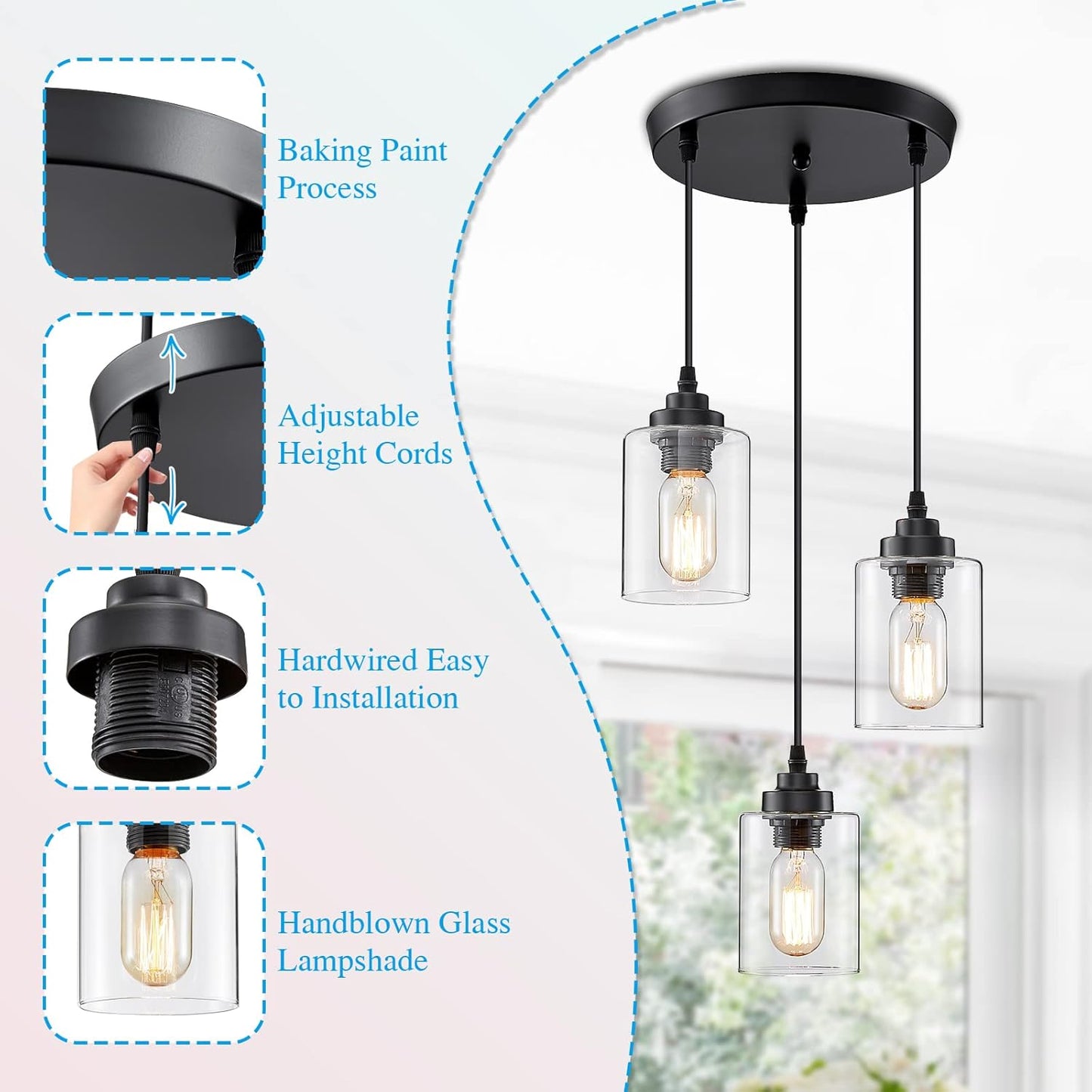 3-Light Pendant Lighting,3 Pendant Light Fixture for Kitchen Island,Dining Lamp Ceiling Hanging,with Adjustable Cord and Glass Shade for Farmhouse Living Dining Room Bar,Black