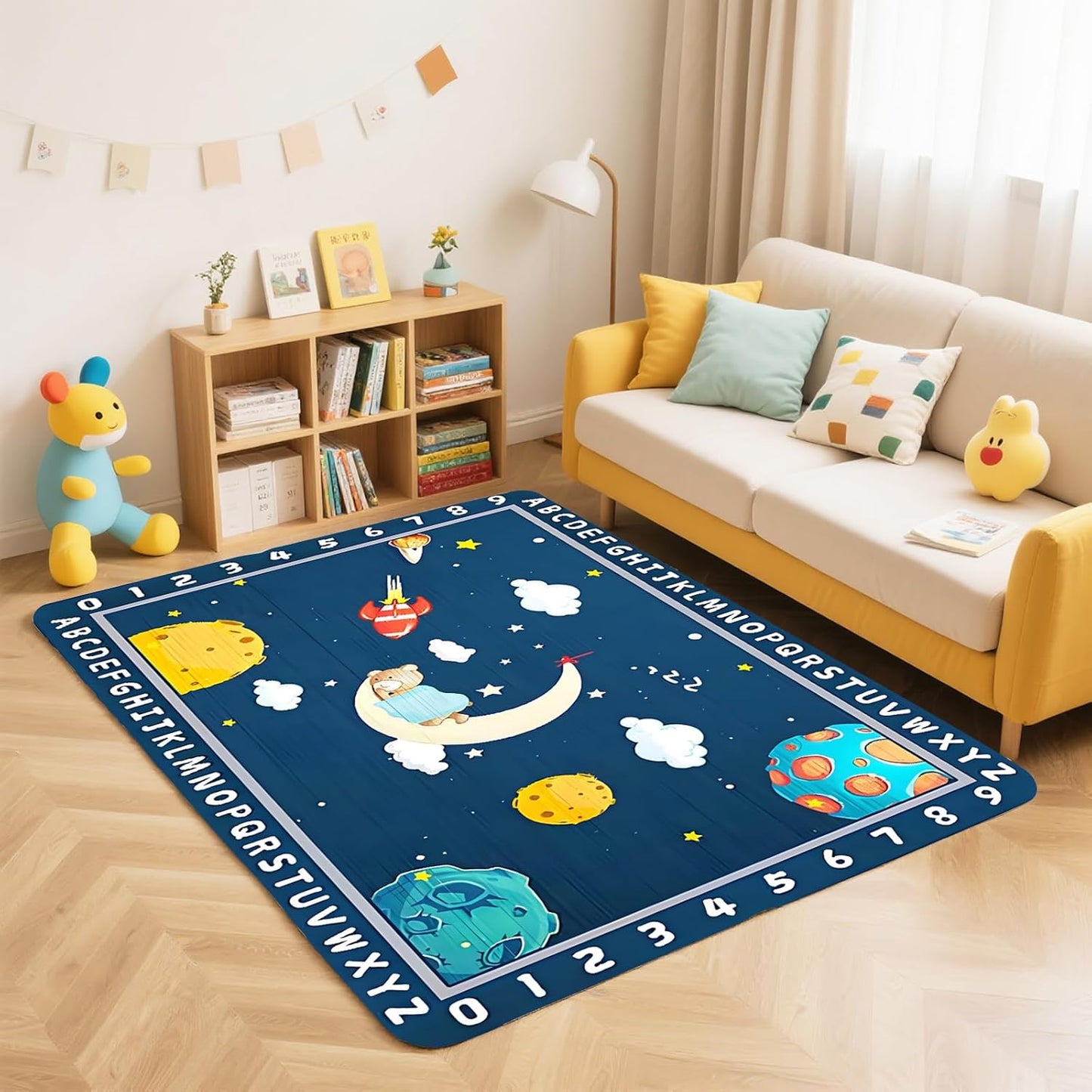 ABC Alphabet Numbers Blue Kids Rugs 3x5ft for Bedroom Playroom Cartoon Rocket Moon Clouds Space Area Rug Soft Carpet Children Playmat
