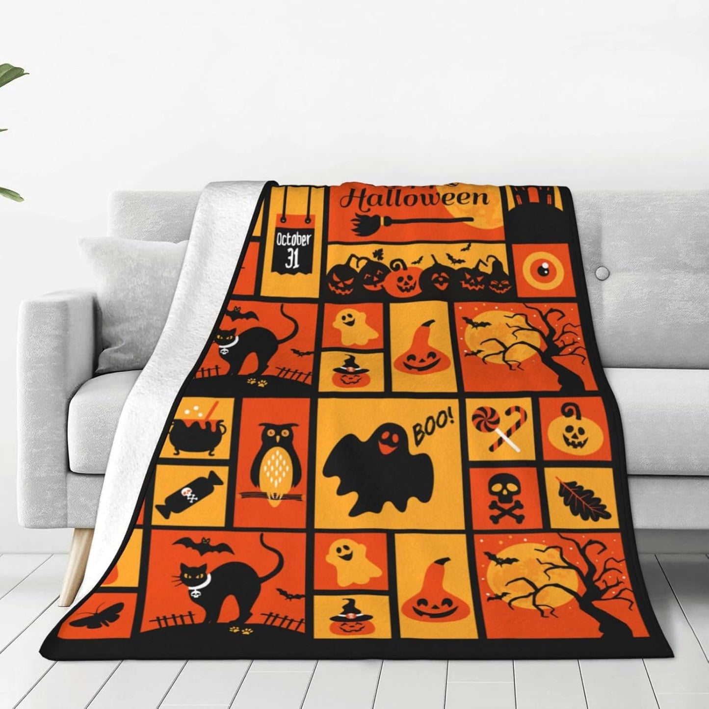 Halloween Happy Halloween Blanket Halloween Throw Blanket Flannel Lightweight Soft Plush Fuzzy Blankets for Bed Sofa Couch Livingroom Chair Car Travel Pet 50"x40"