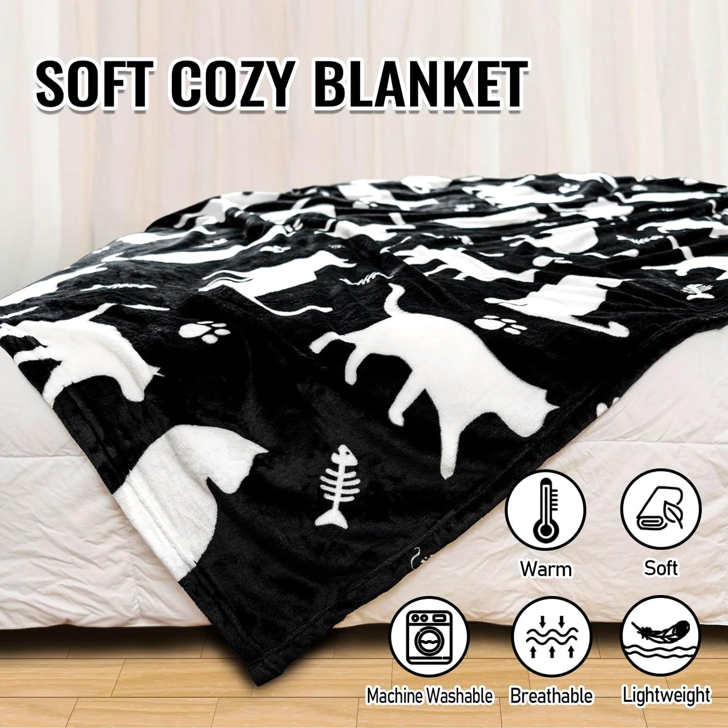 Cat Pattern Throw Blanket, Black and White,Warm and Soft Blankets Gifts for Women Men Kids,Suitable for Bedroom, Sofa, Couch - 50x60 inches