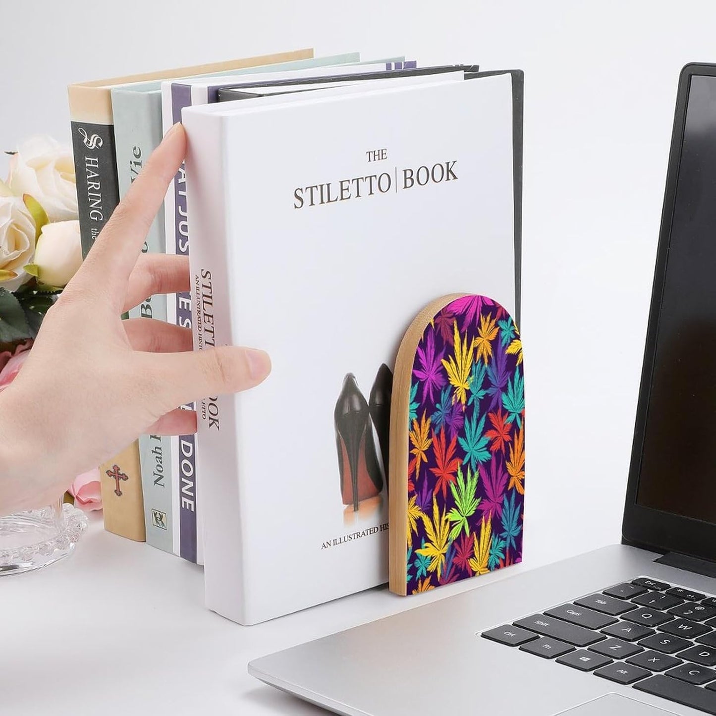 Bright Colorful Weed Pattern Bookends 1 Pair Heavy Duty Book Ends for Shelves Non-Skid Bookend Supports Wooden Book Holders with Metal Base Desk Organizers Books Storage to Hold Books