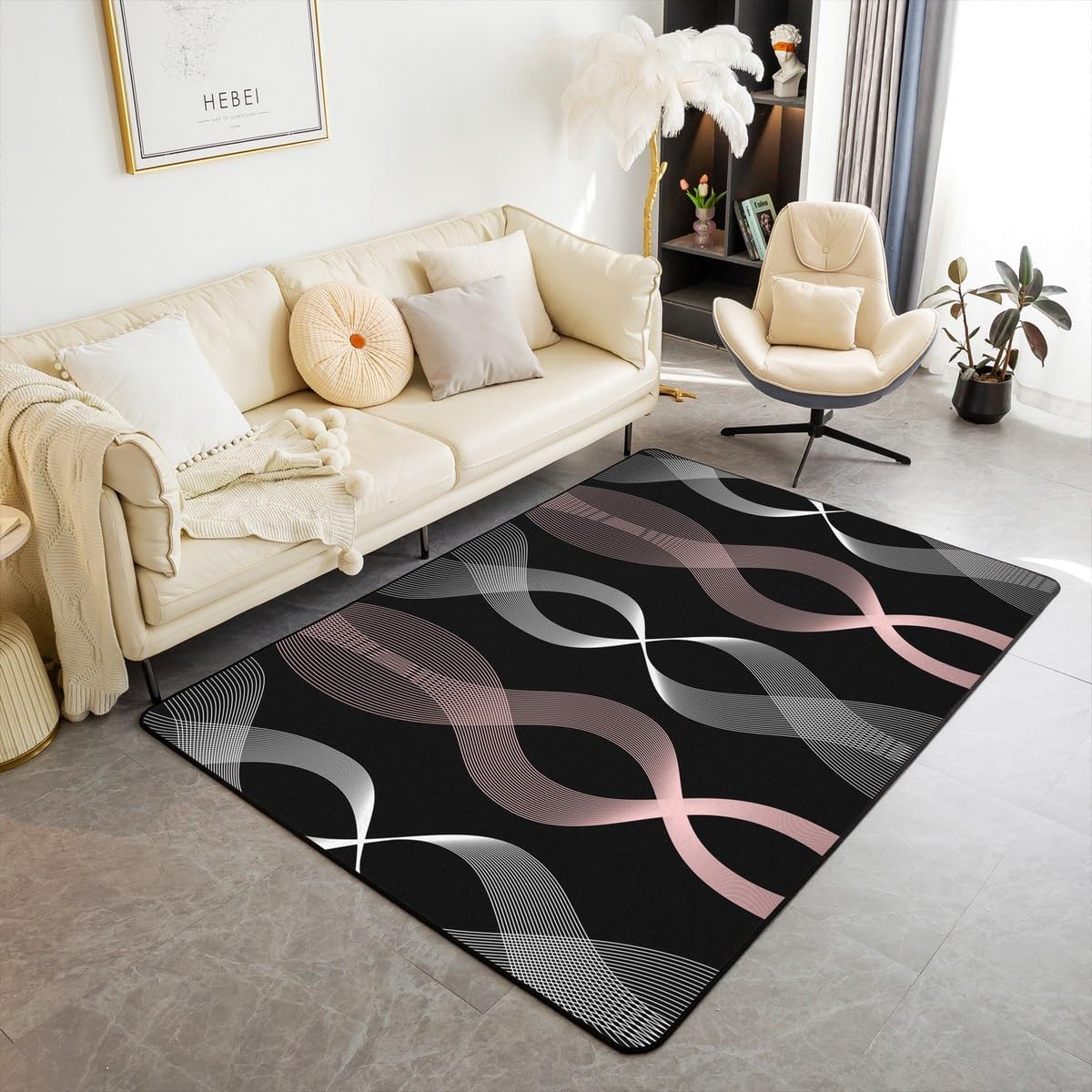 Erosebridal Geometric Area Rug 4'11" x 3'3" Spiral Living Room Rugs for Kids Women Stripe Lines Printed Modern Abstract Black Pink Decorative Carpet Rectangular Indoor Floor Mat