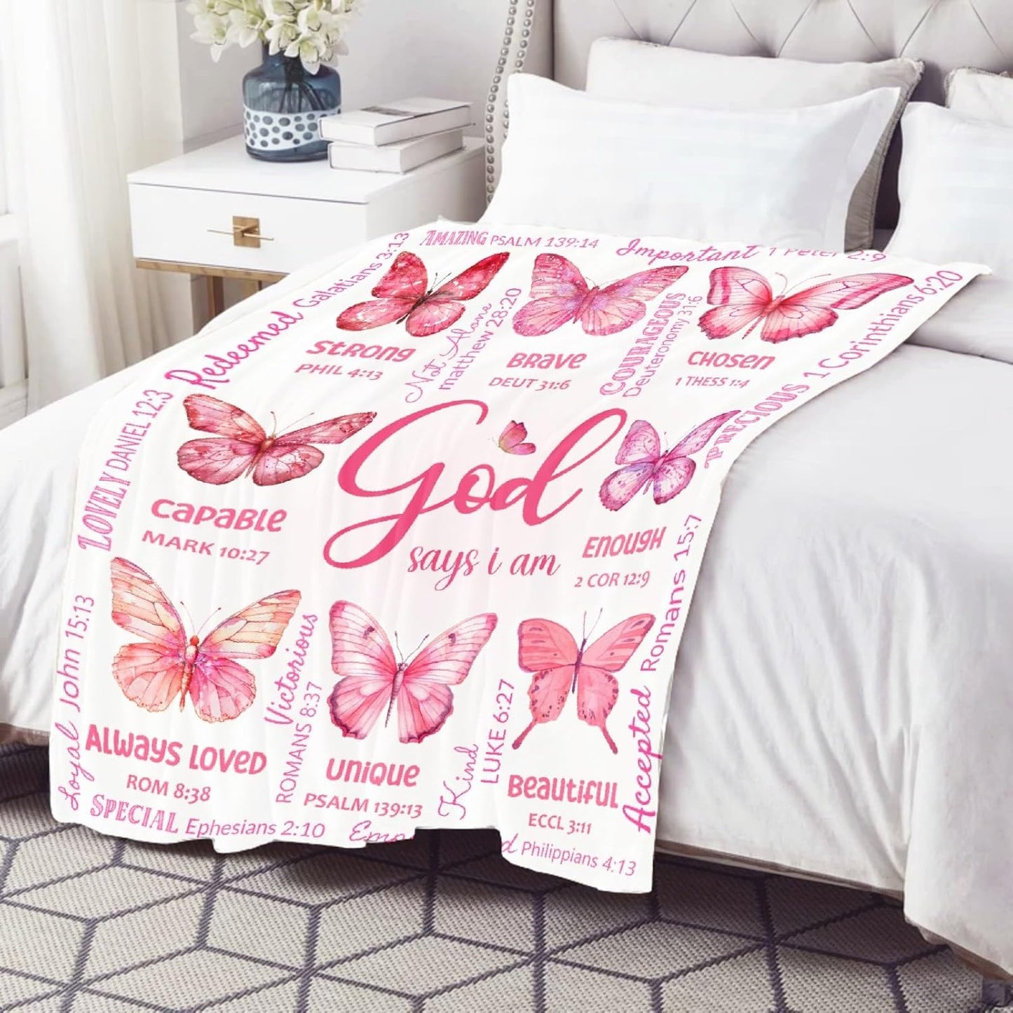Christian Blanket, Butterfly Throw Blanket for Women Mom Girl,Catholic Gifts,Inspirational Faith Prayer Quilt with Bible Verse Scripture,Soft Flannel, Pink, 40" x 50"