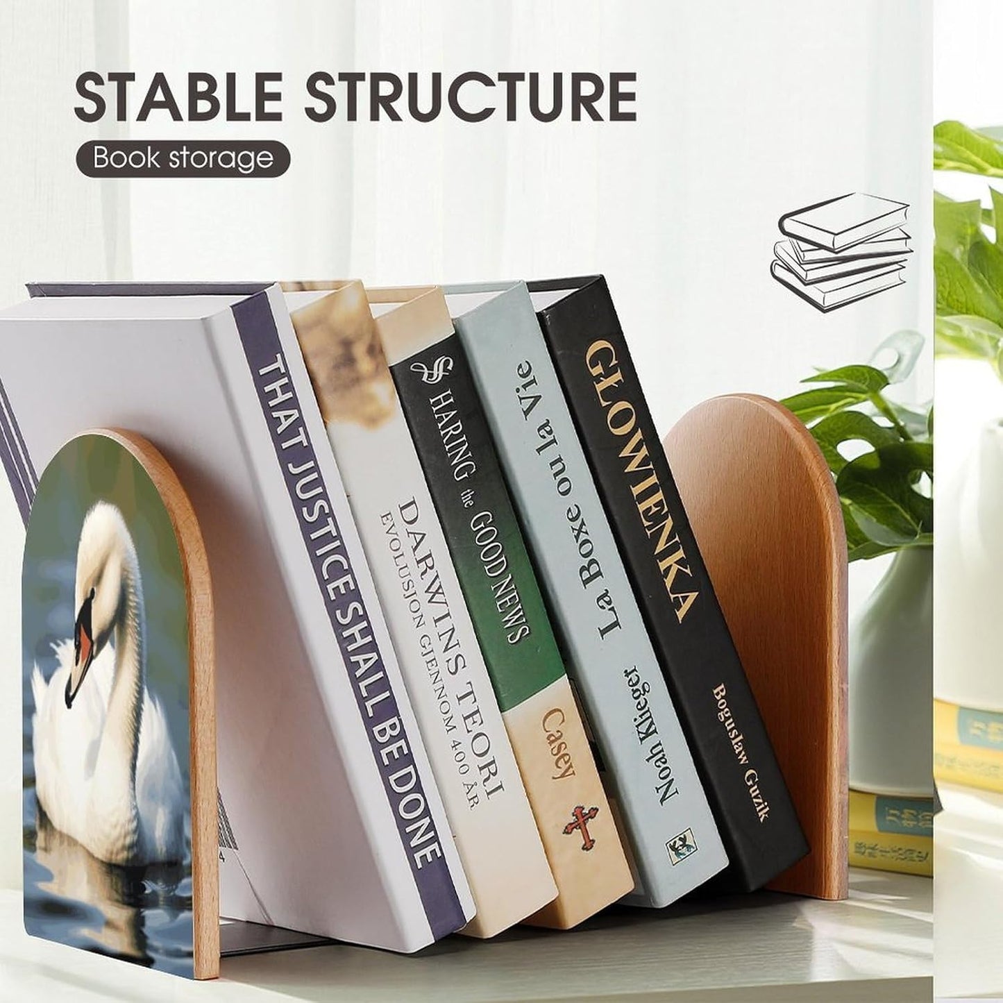 Non-Slip Bookend for Shelves Cute Little Swan Wooden Bookends with Metal Base Decorative Book Stopper for Home Heavy Duty Wood Book Storage for Books/CDs