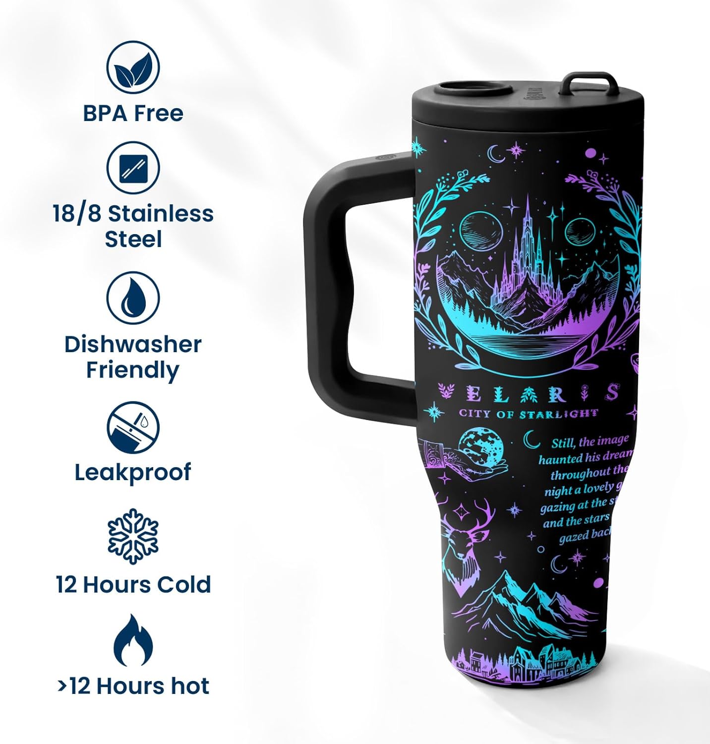 34HD Starlight Tumbler 40oz with Handle and Straw, Fantasy Light It Up Stainless Steel Insulated Travel Coffee Mug, Dark Cup for Book Lovers - Birthday Gifts, Bookish Items for Him Her & Reading Fan