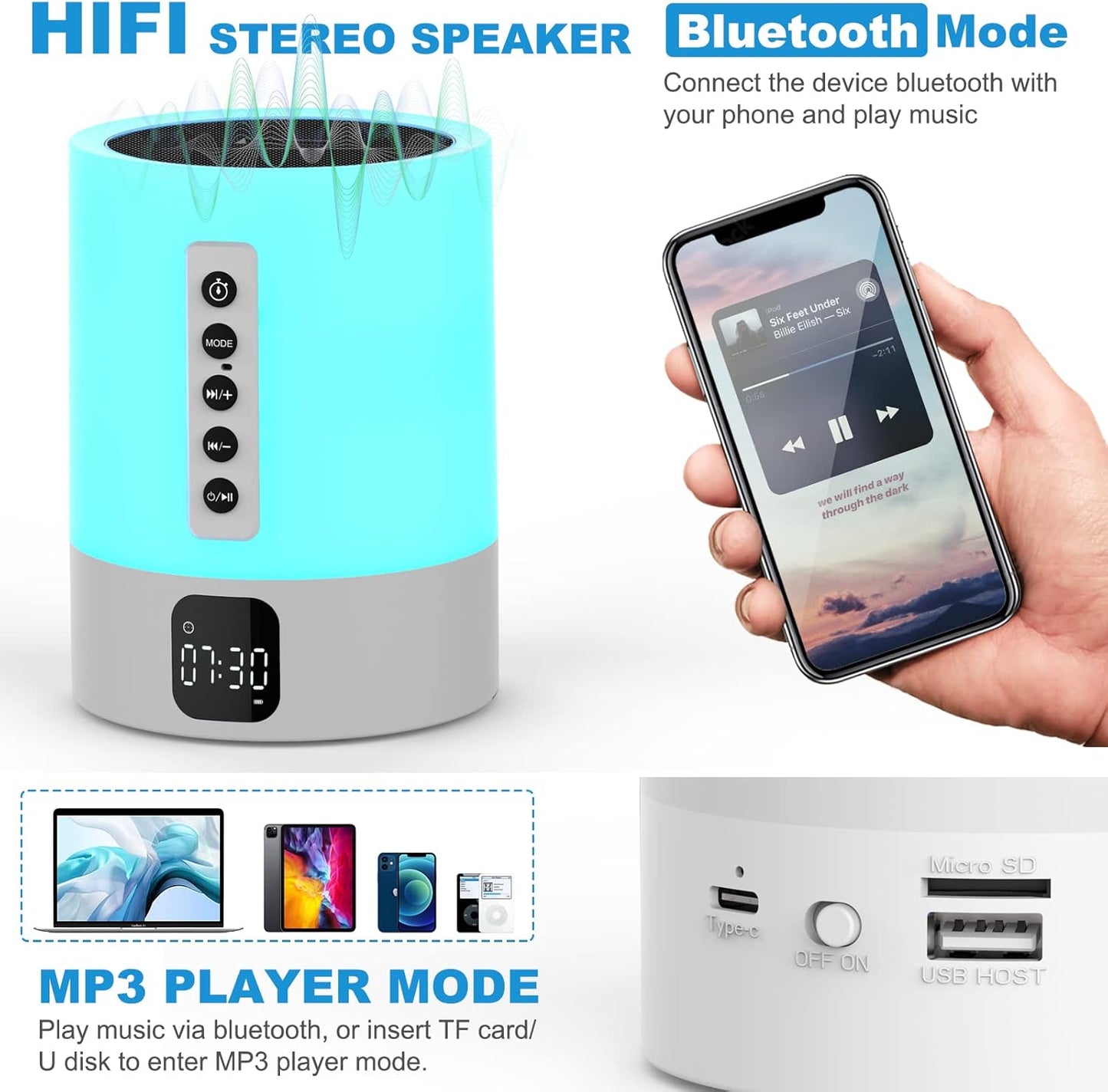 Night Light Bluetooth Speaker Alarm Clock, Sound Machine with White Noise, Touch Bedside Lamp, Dimmable Warm White Light, 48 RGB Color Changing, Ideal Gifts for 10-15 Year Old Teenage Boys Girls