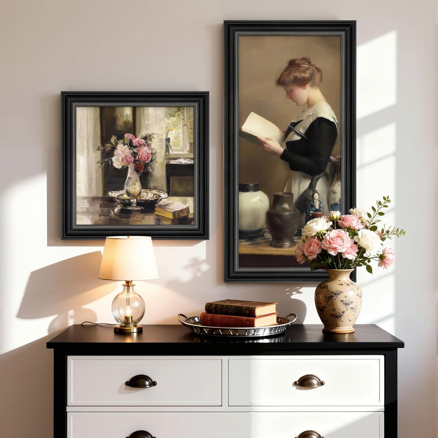 Framed Vintage Wall Art for Bedroom, 2 Piece Neutral Mid Century Modern Aesthetic Canvas Painting Prints, Victorian French Country Floral Woman Peaceful Portrait Artwork for Office Dining Room Decor