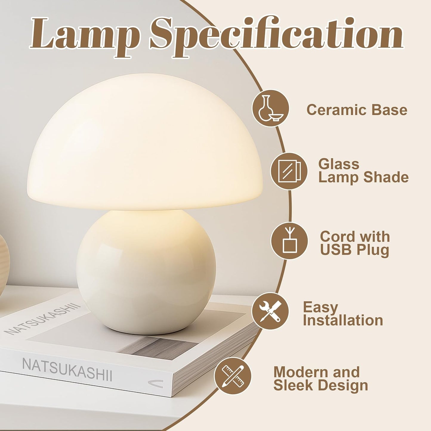 NATSUKASHI Mushroom Lamp for Bedroom - White Ceramic Mushroom Table Lamp with Remote, Dimmer & Cord Clip - Mid Century Modern Aesthetic Desk Lamp for Nightstand, Living Room, Gift Decor