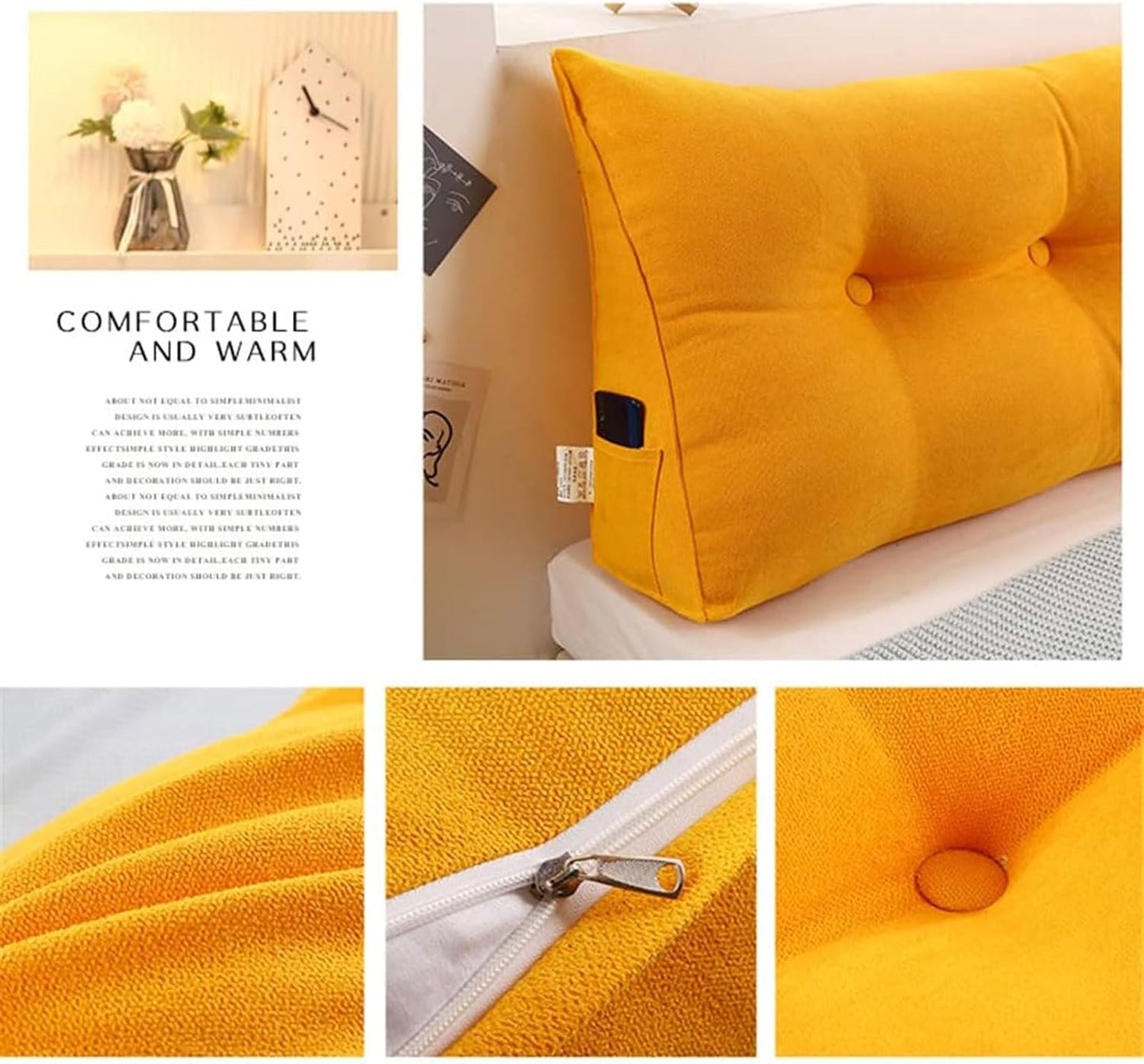 Large Triangular Headboard Pillow, Solid Color Triangle Cushion Reading Pillow, Bolster Positioning Support Wedge Pillow for Daybed Bed with Removable Cover(Size:59"/150cm,Color:Yellow)