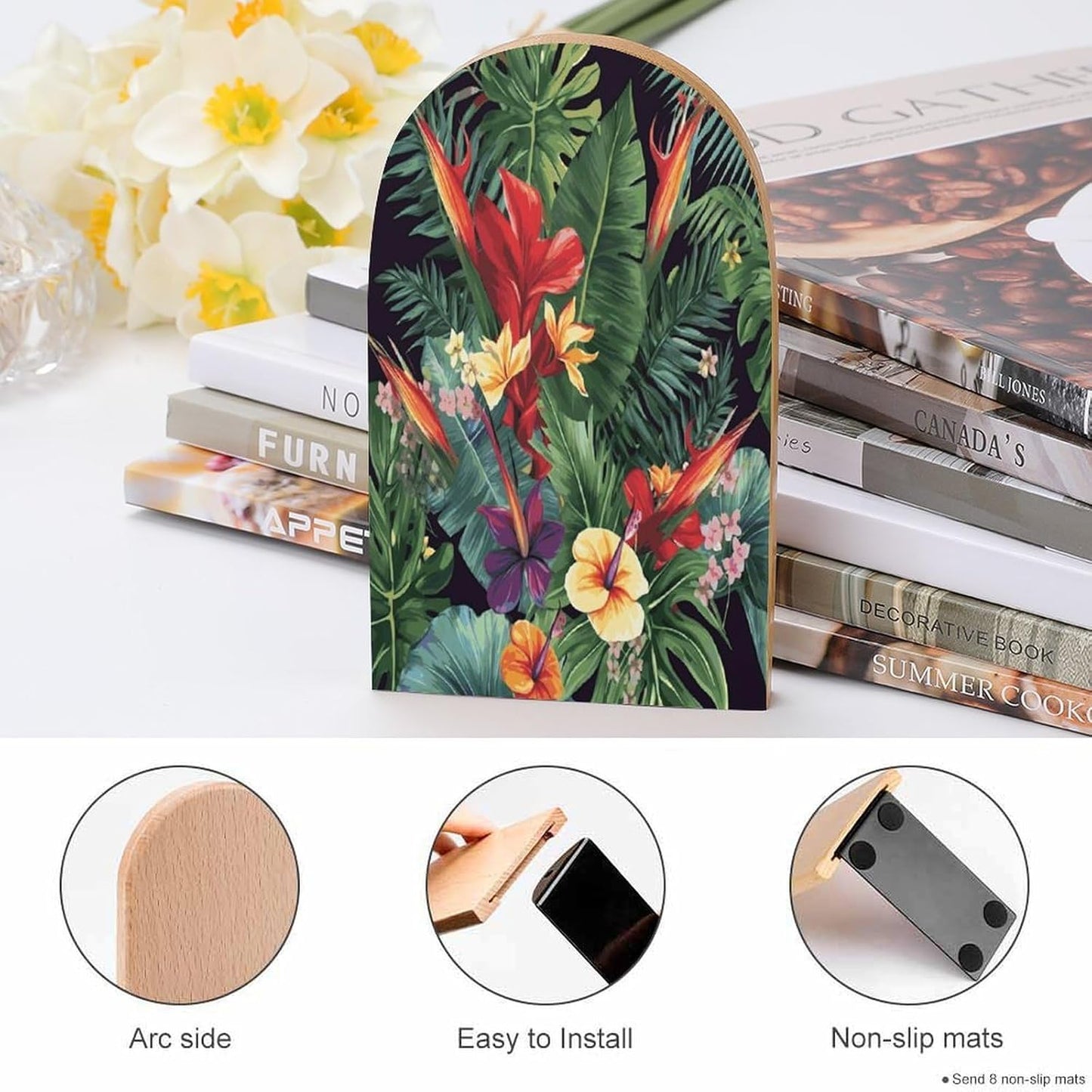 Tropical Plant Flowers Bookends 1 Pair Heavy Duty Book Ends for Shelves Non-Skid Bookend Supports Wooden Book Holders with Metal Base Desk Organizers Books Storage to Hold Books