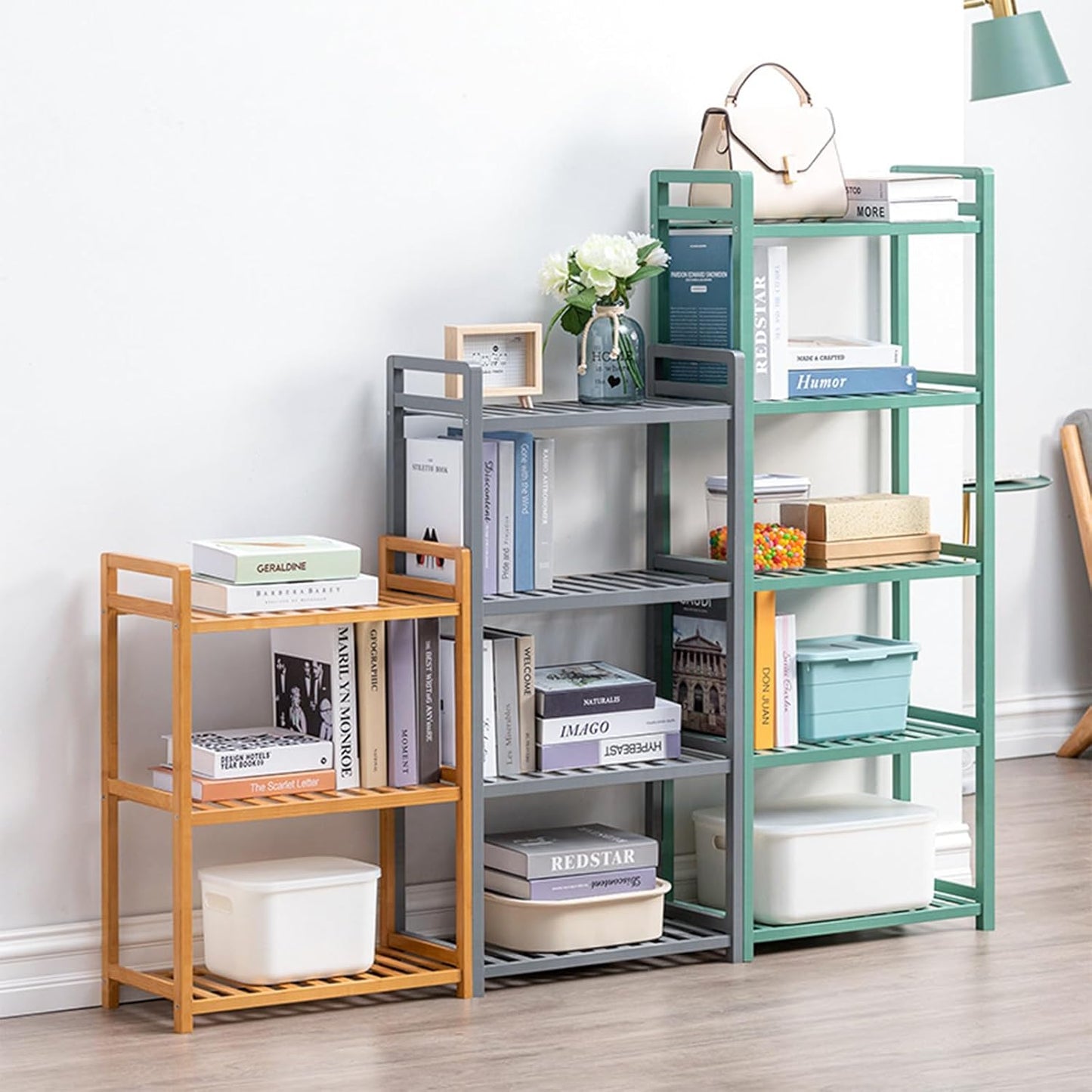 Bamboo Shelf, 4-Tier Bookcase Storage Shelves, Small Book Rack Shelving Unit, Multipurpose Storage Display Shelf for Bathroom Kitchen Living Room Office (3-Tier Grey-20.08in)
