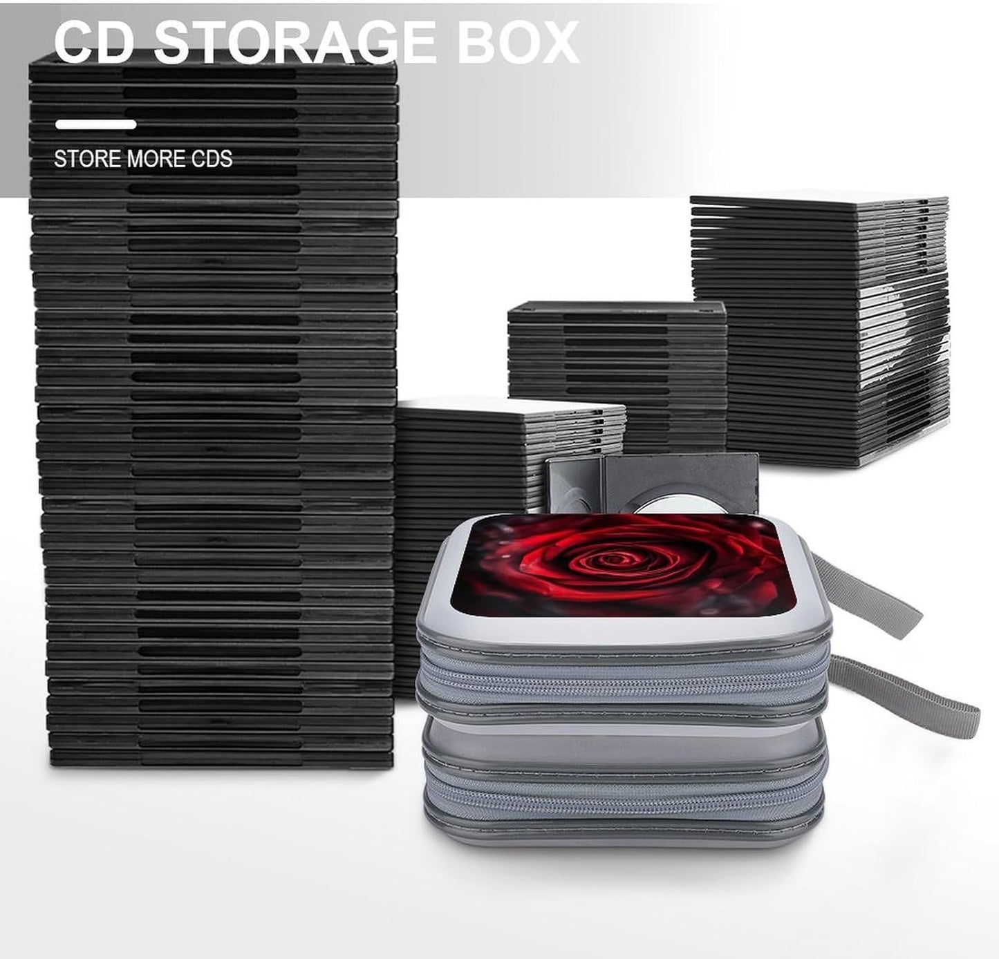 Red Rose Portrait CD Case 40 Capacity Case Zipper CD Collection Bag with Handles Cover DVD Storage Hard Plastic DVD Disc Cases Storage Binder for Car Home Office Travel