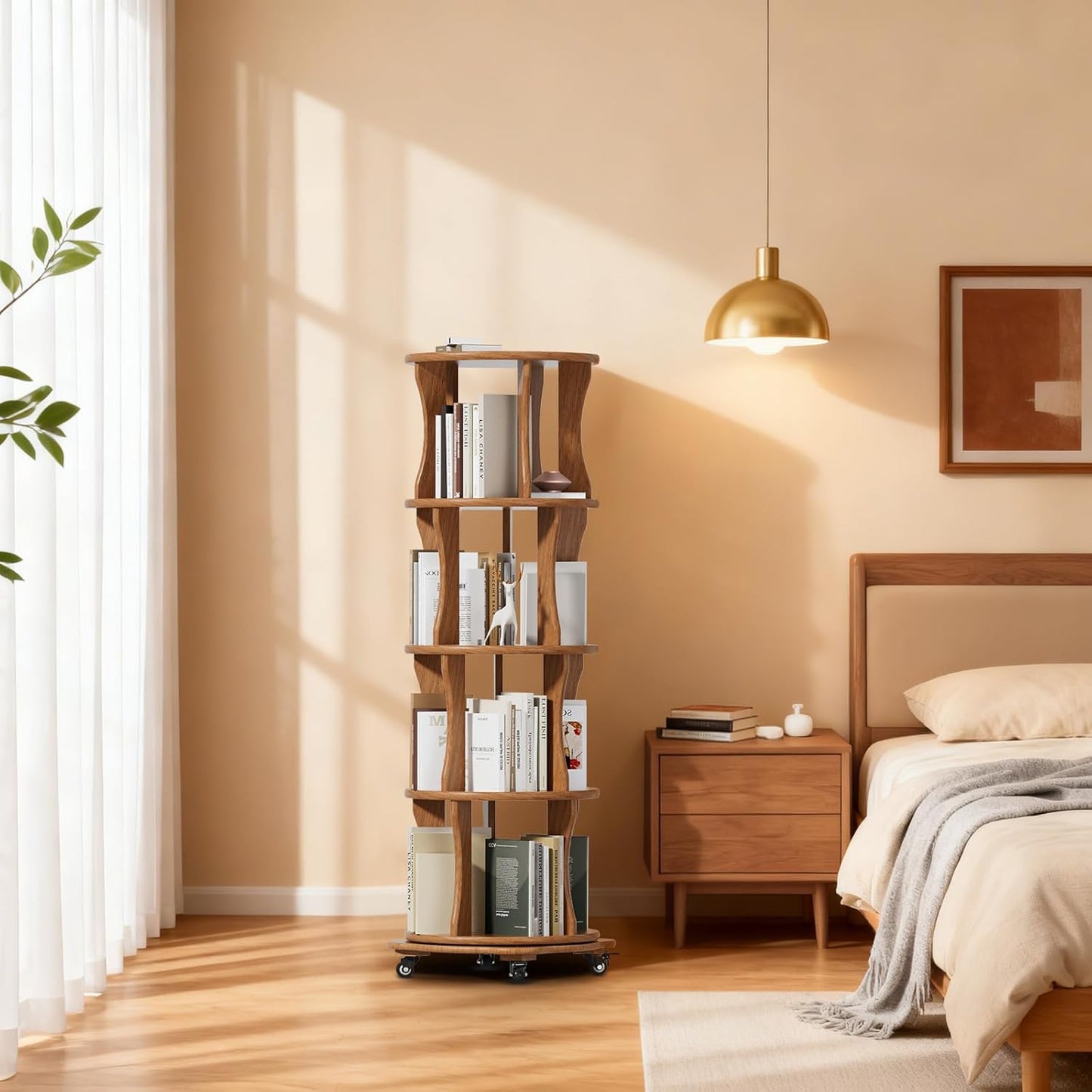 4 Tier Solid Wood Rotating Bookshelf with Wheels, Round Revolving Bookcase Organizer, 360° Spinning Storage Shelf for Corner, Small Narrow Spaces, Home, Office, BedRoom,Living Room,Study Room