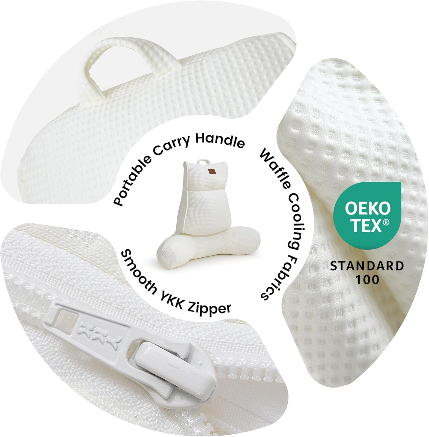 Amélie Home Premium Cooling Waffle Reading Pillow, Qmax>0.37 Ergonomic Backrest Support with Pocket & Handle, Breathable Lounging Pillow for Bed Sofa Floor Summer, 29 Inches, Ivory