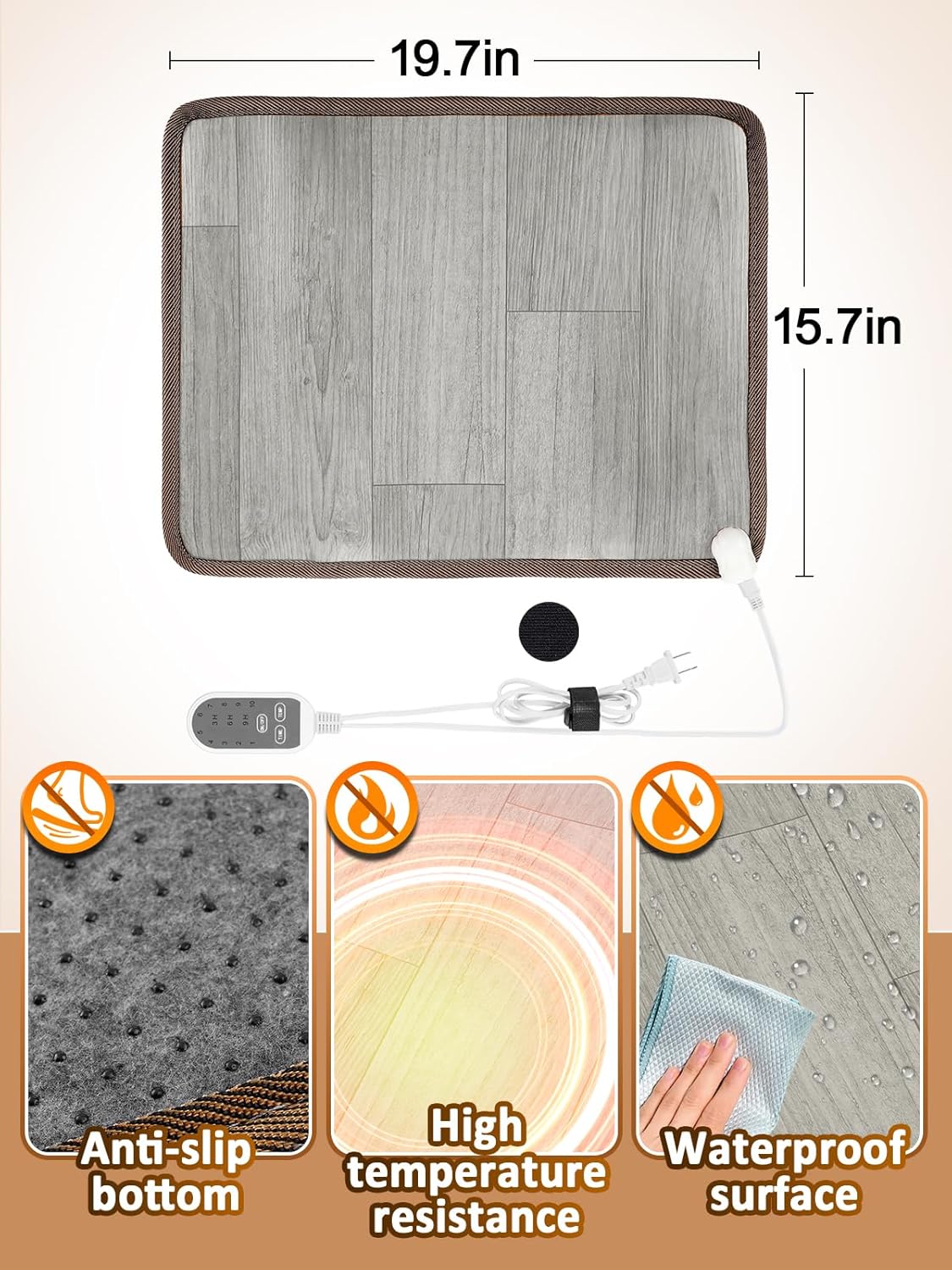 15.7x19.7in Heated Floor Mat - Foot Warmer Under Desk, 110V Electric Heating Pad with 3 Timers & 10 Adjustable Temperatures for Winter Home Office (Gray)