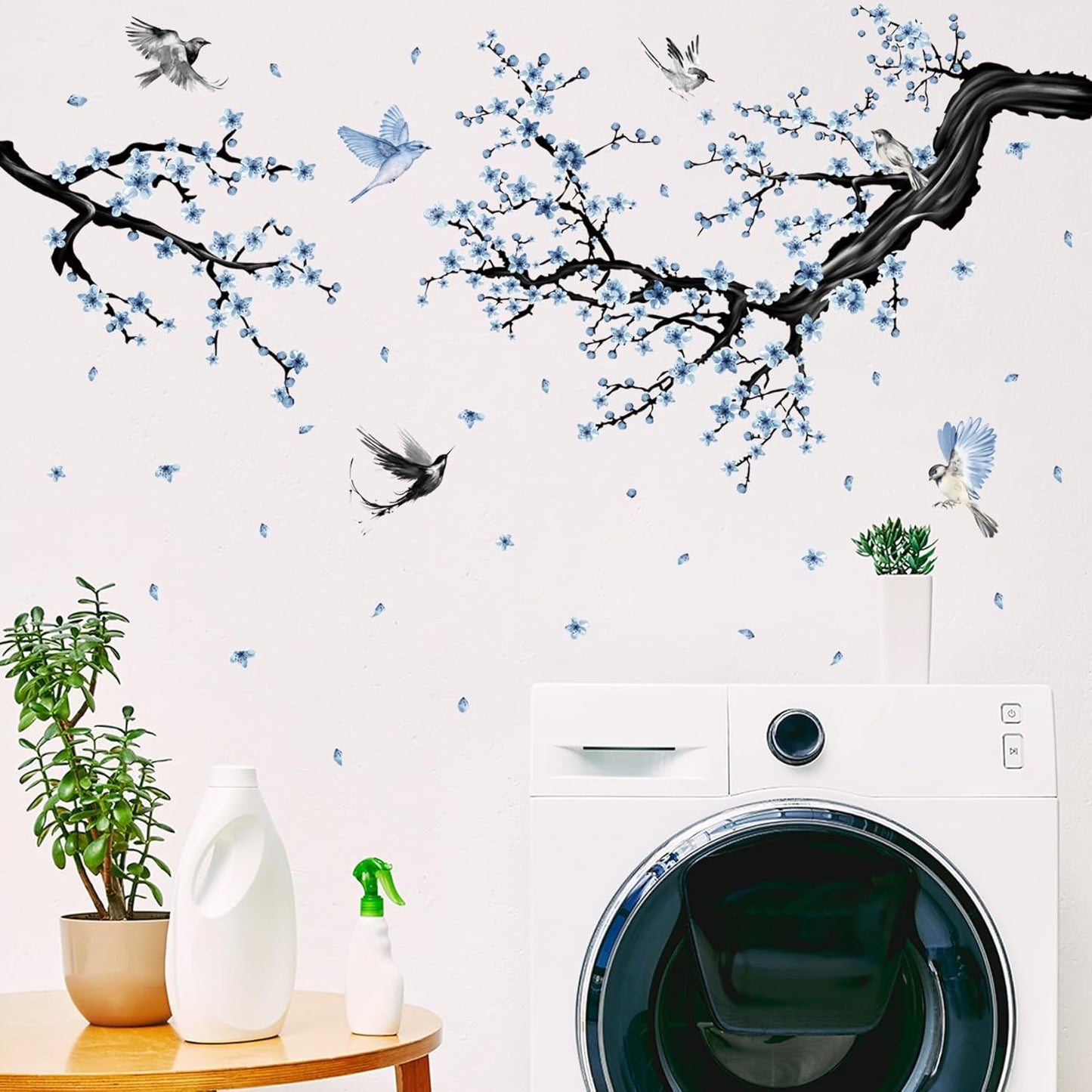 Blue Floral Wall Sticker Hanging Flower Vine Room Decor Large Tree Branch Wall Decals Peel and Stick Birds Wall Stickers for Bedroom Living Room