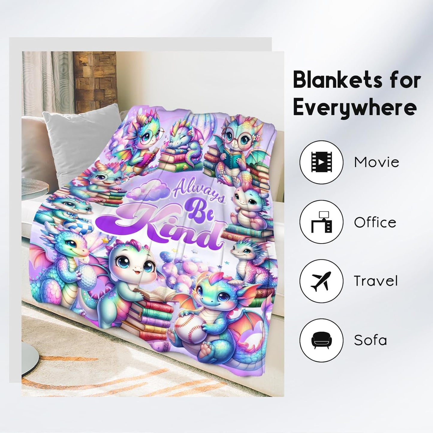 UNIKITTY Dragon Blanket Gifts, Kids Blanket for Girls, 40"x50" Fuzzy Flannel Throw Positive Gifts, Encouragement Throws for Dragon Lovers