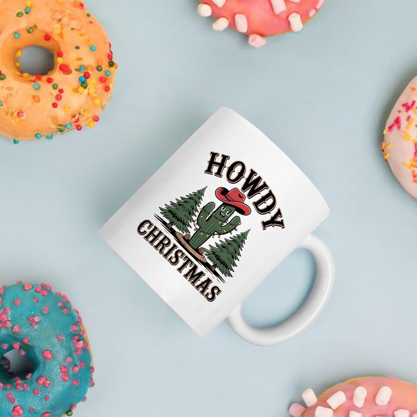 Rustic Howdy Christmas Western Cactus White Mugs, 11oz 15oz Drinking Cups, Kitchen Décor, Gifts For Book Lovers