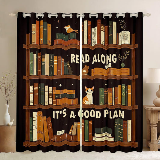 jejeloiu Books Window Drapes (2 Panels, 52 x 84 Inch) Kids Read Book Blackout Shades Window Treatments Library Reading Along Cats Cute Kitten Curtains Room Darkening Curtain Room Decor