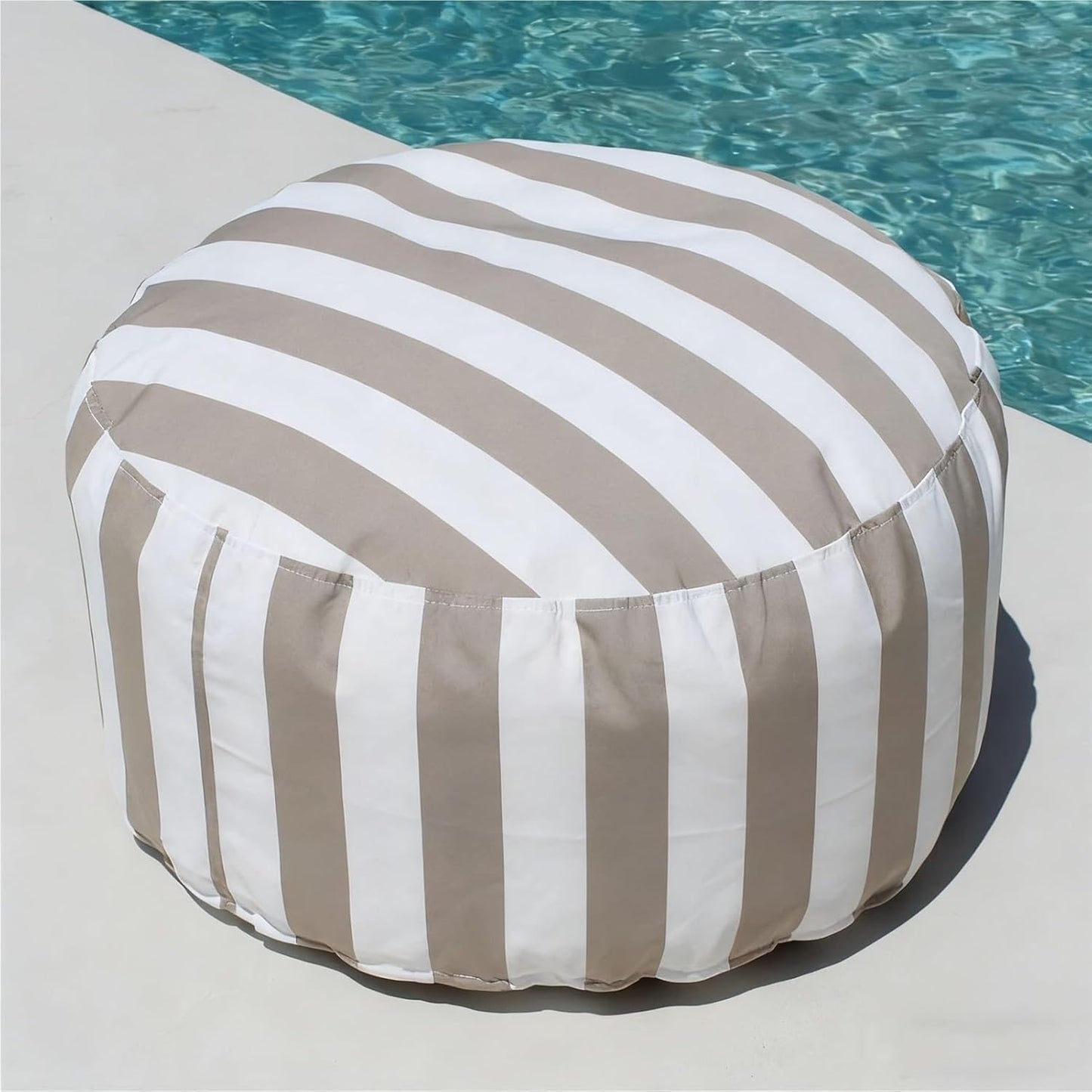 Outdoor Waterproof Round Stripe Pouf Ottoman Cover Footstool Without Filler Beach Garden Beanbag Pouf Puff Salon Floor Seat Futon Stool Bench Swim Pool Ottoman Footrest Stool(Lightgrey)