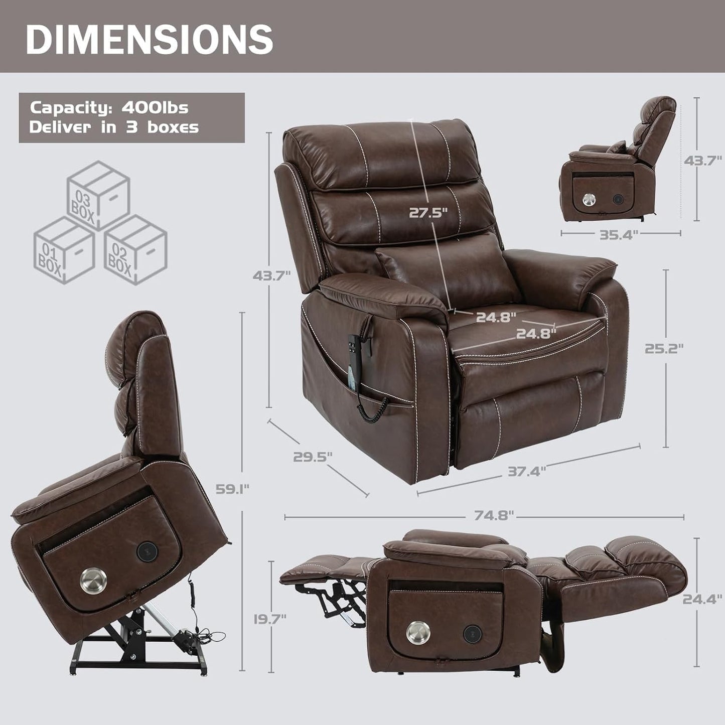 Large Comfortable Power Lift Recliner Chair with Lay Flat Function, Dark Brown Leather Recliner with Massage and Heat, Extended Footrest, Lumbar Pillow, Cup Holder