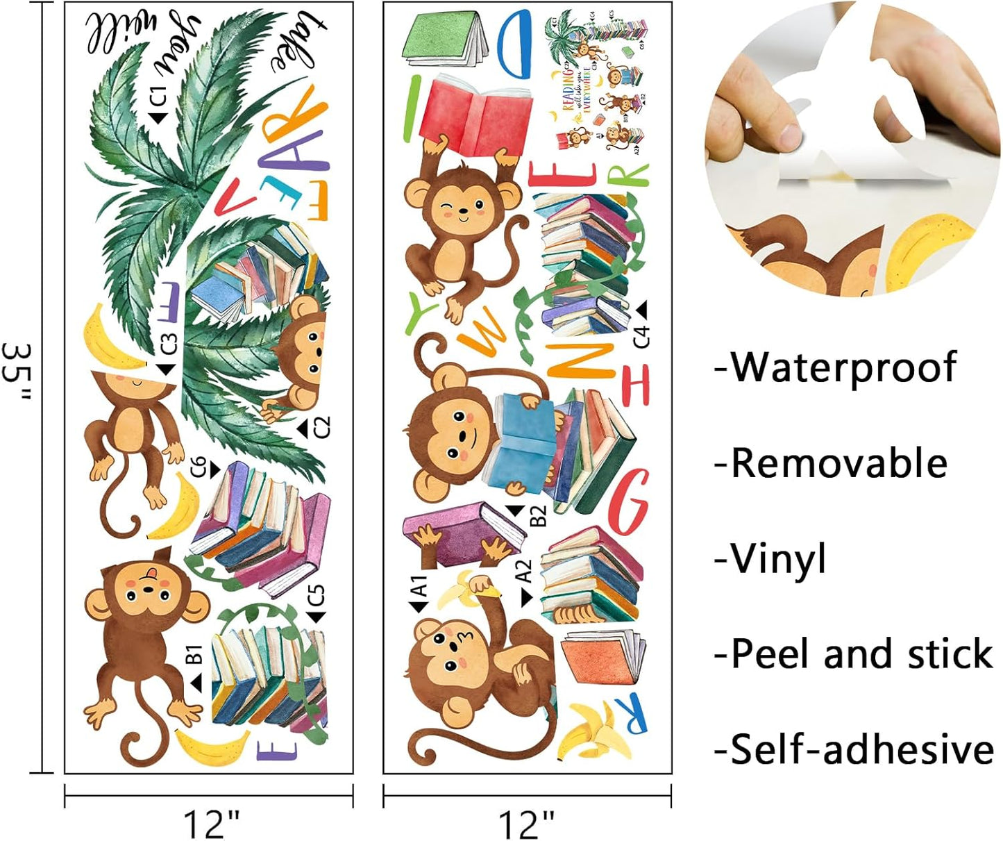 Mfault Monkey Reading Book Wall Decals Stickers, Reading Will Take You Everywhere Nursery Classroom Decorations Bedroom Art, Jungle Animal Inspirational Neutral Toddlers Kids Room Reading Corner Decor
