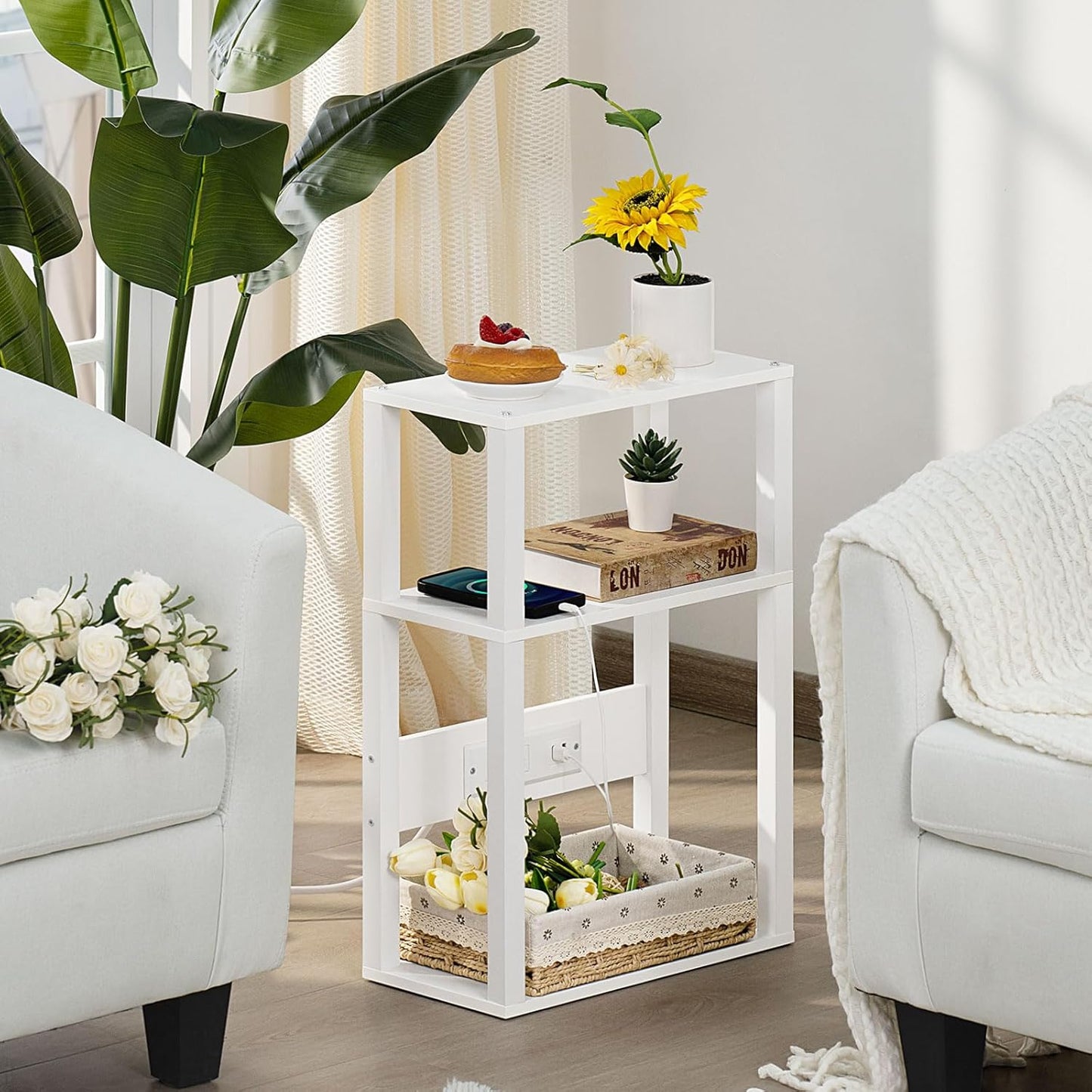 3-Tier Small Narrow Wood Side Table with Charging Station, Skinny Nightstand for Small Space, Slim Bedside Table with Storage for Couch, Thin End Table with USB Ports and Outlets, White