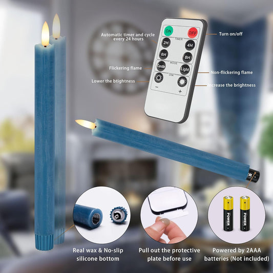 Blue Flameless Taper Candles with Rmote, 9.6" Real Wax Battery Operated Candles with 3D Wick, 3 Pack Led Candlesticks Flickering, Electric Candlesticks for Home, Wedding, Party Decor