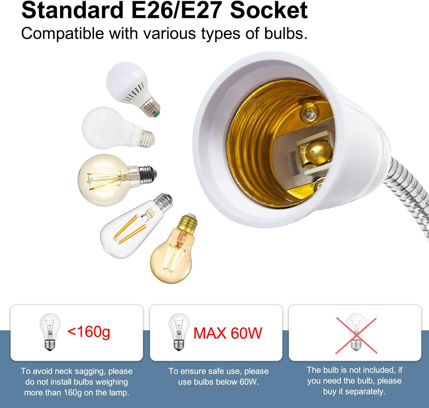 Flexible Aluminum Neck Clip Lamp Holder, 360Adjustable Socket, E26/E27 Clamp Light Fixture with 220 CM Switch and Plug Cable, Desk Lamp Holder for Study Work Read, No Bulb
