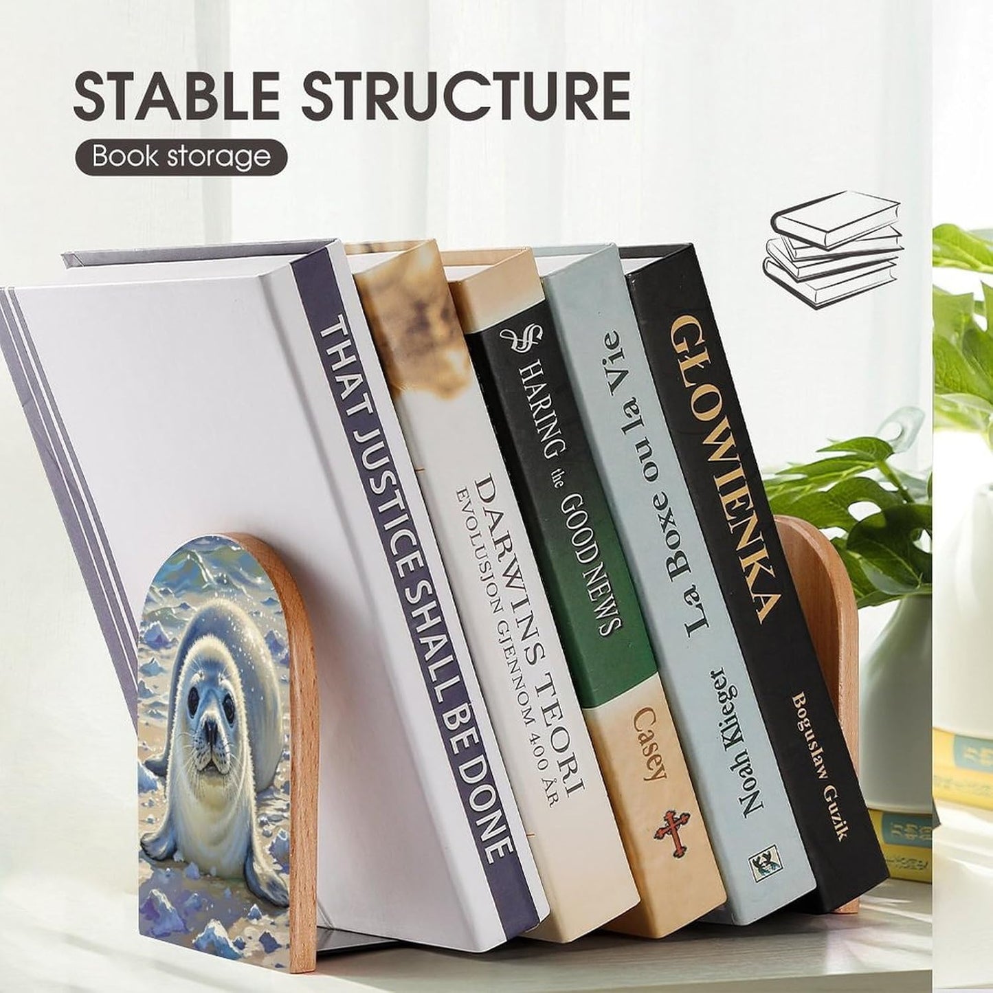 Harp Seal Painting Bookends 1 Pair Heavy Duty Book Ends for Shelves Non-Skid Bookend Supports Wooden Book Holders with Metal Base Desk Organizers Books Storage to Hold Books