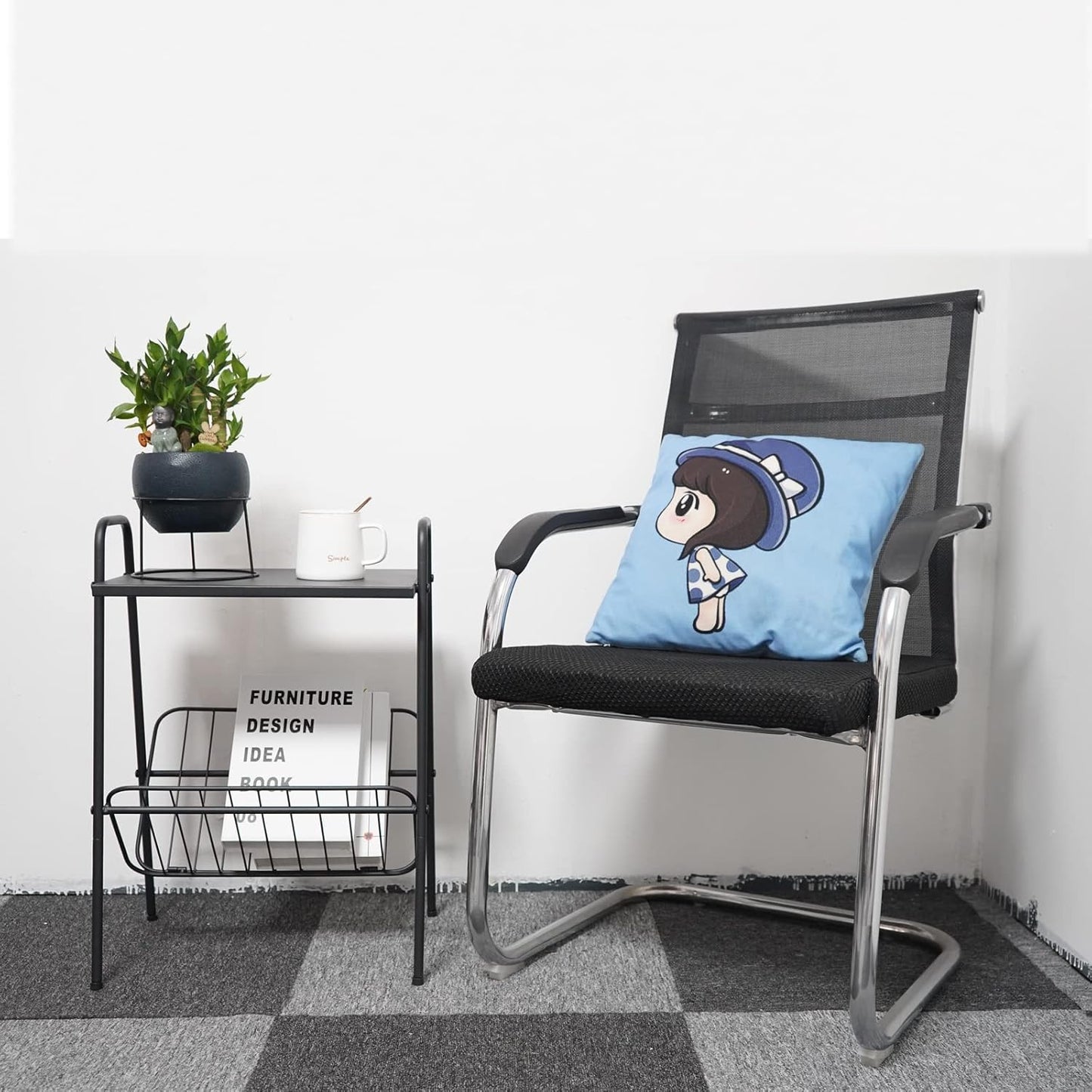 End Table, Metal Nightstand, Record Player Table with Magazine Holder, Record Player Stand with Storage, Side Table for Living Room, Bedroom for Small Spaces, Black