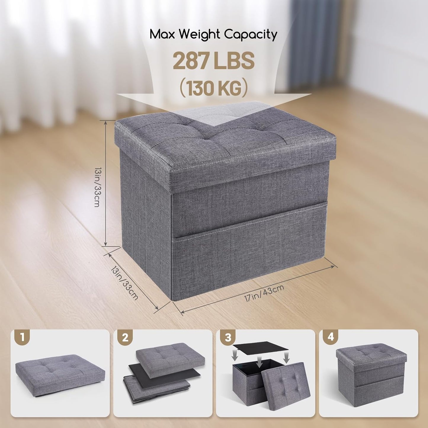 Storage Ottoman,Folding Ottomans with Storage,Linen Ottoman Foot Rest with Pocket,Foot Stool with Thicker Foam Padded for Living Room,Bedroom,Office,Dorm,287 lb Load Capacity,17x13x13in,Grey