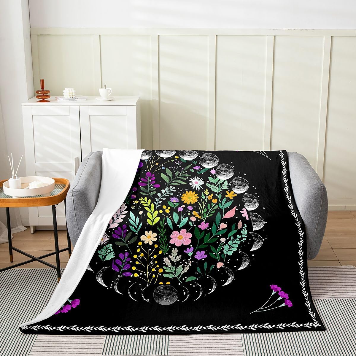 Erosebridal Moon Star Blanket Queen Inch Boho Floral Throw Blanket for Women Bohemian Flowers Leaves Starry Sky Fleece Blanket Universe Outer Space Mysterious Black Bedroom Decor Sherpa Blanket