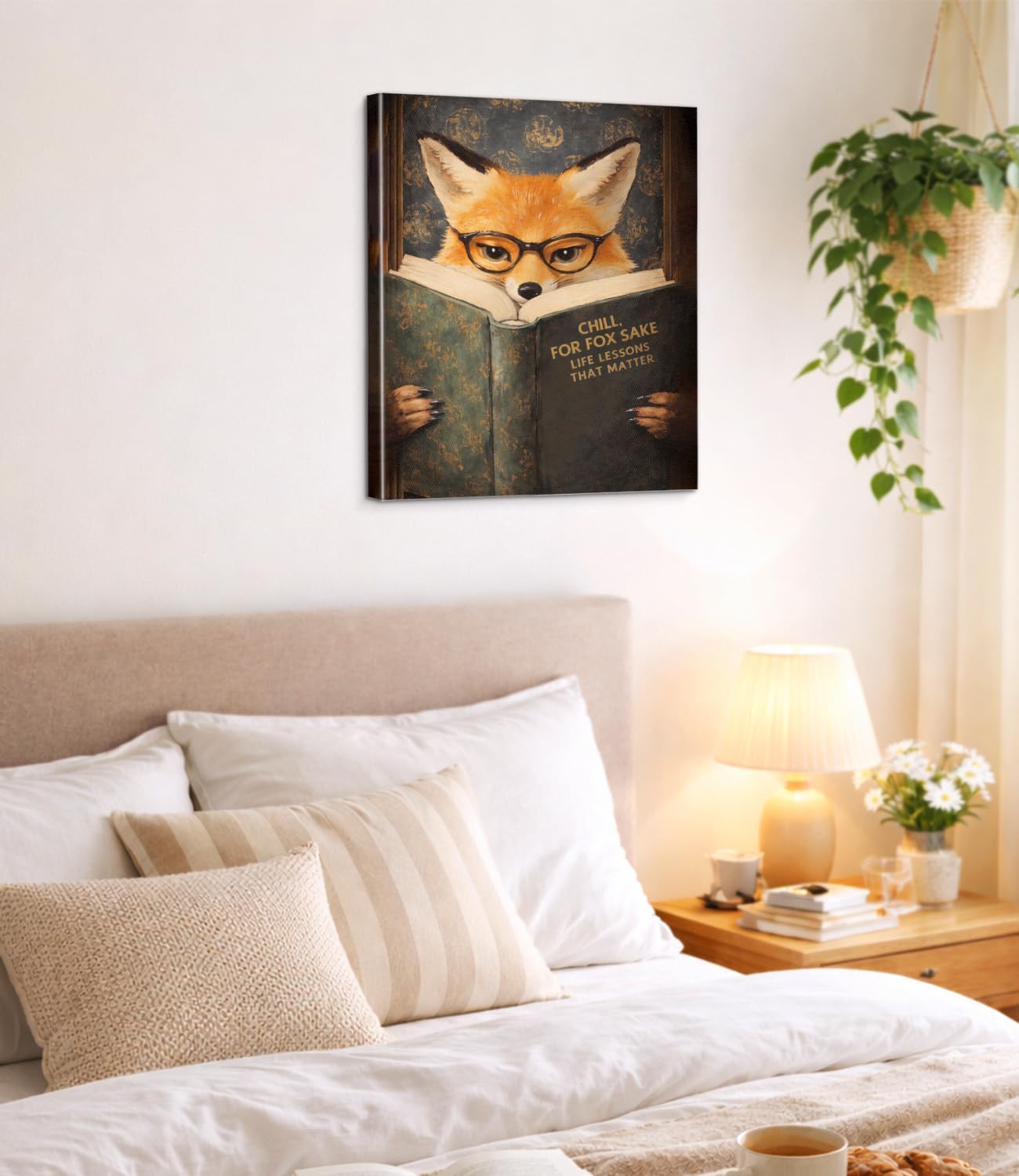 Vintage Fox Reading Wall Art Print - Whimsical Bookish Fox Canvas Poster Painting - Animal Wall Decor for Home Reading Room Study 8x10 Inch Framed