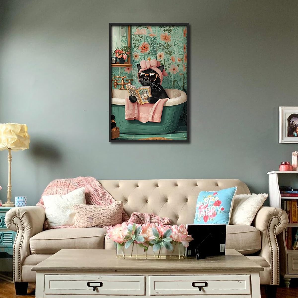 Framed Funny Cat Wall Art-Tub Cat Reading Poster For Room Aesthetic Decor-Cute Black Cats Pictures Canvas Prints Ready To Hang Bedroom Living Bathroom Wall Decor