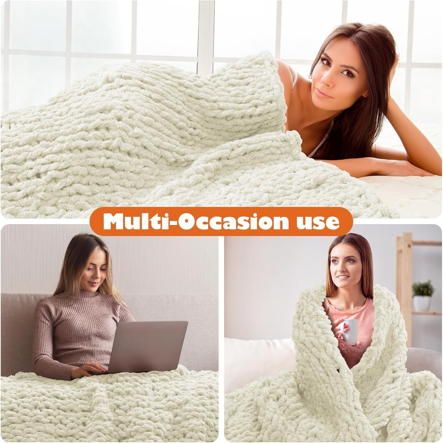 Chunky Knit Blanket Throw, 60x80inch Soft Chenille Yarn Throw, Handmade Warm Thick Cable Knit Crochet Blanket, Large Rope Knot Throw Blanket for Couch Bed Sofa,White