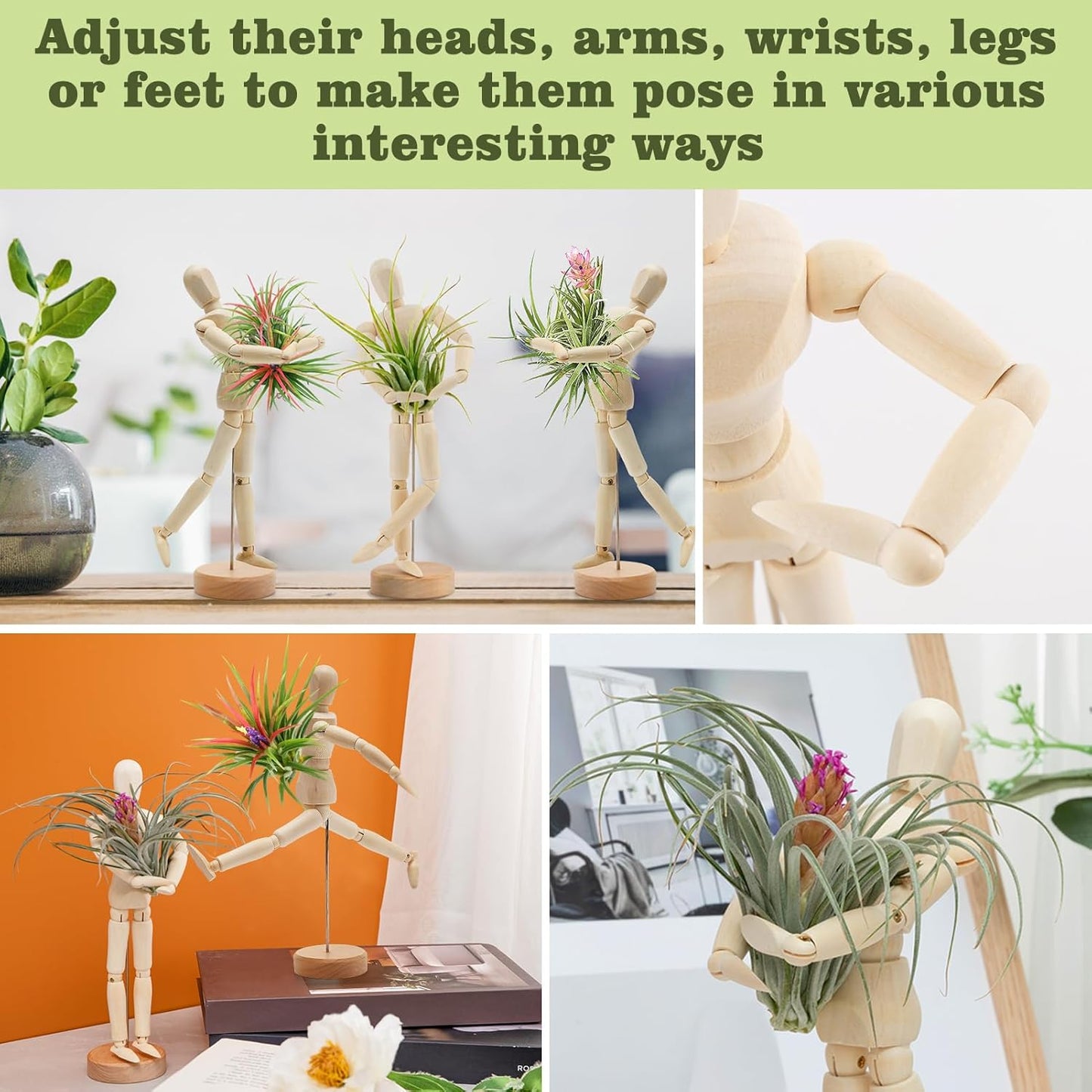 ANPHSIN 4 Pcs 8.6'' Wooden Air Plant Holder - Unique Jointed Mannequin Airplant Stand with Adjustable Poses, Tillandsia Display Container for Home Office Decoration Housewarming Gift