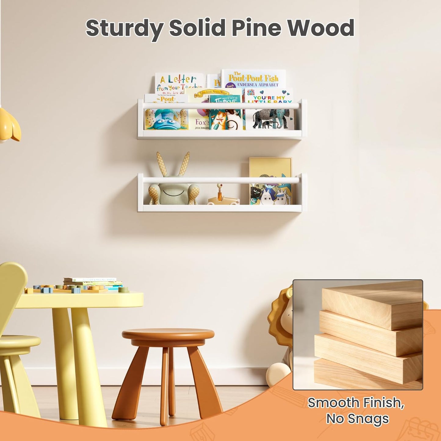 upsimples 2 Pack Nursery Book Shelves, 15.7 Inch Floating Bookshelves for Wall, Baby Nursery Decor, Small Solid Wood Wall Mounted Shelves for Baby Kids Boys Girls, White
