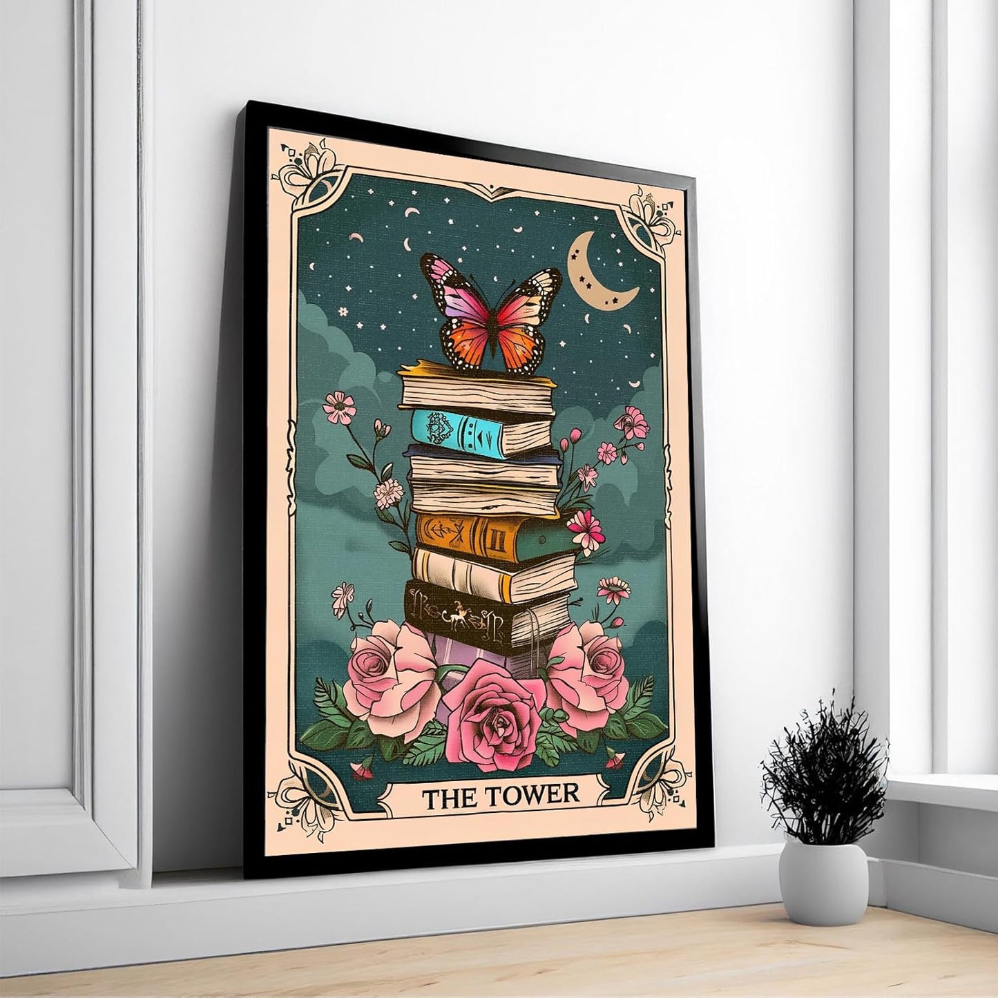 Tarot Card Books Poster Wall art Butterfly Botanical Flower Wall Art Library Reading Canvas Prints Gift for Book Lovers Vintage Bookish Decor 16x24 inch Unframed