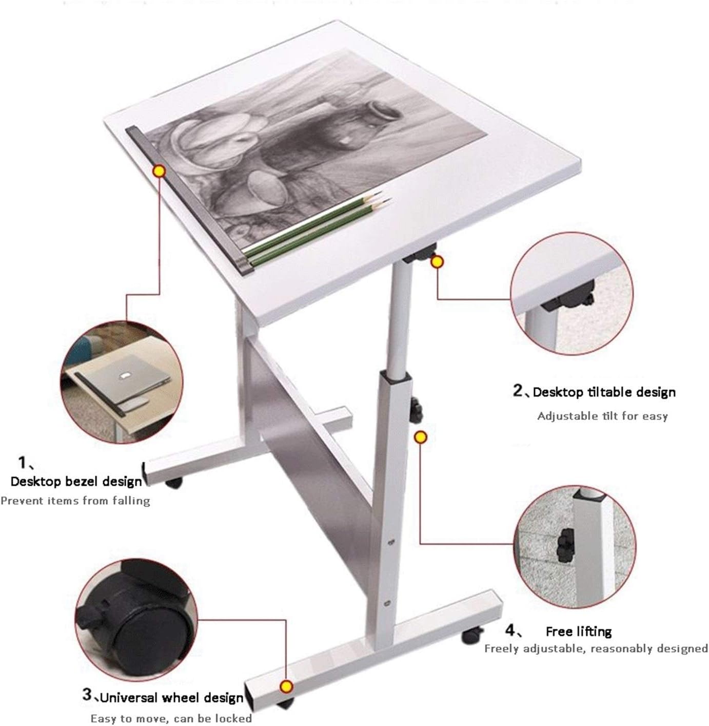 Shaped Notebook Laptop Desk Height Adjustable Computer Desk Bed Sofa Side End Snack Table On Wheels Mobile Reading Table (Color : White Size : 60x40x87cm) (White 80x50x87cm)