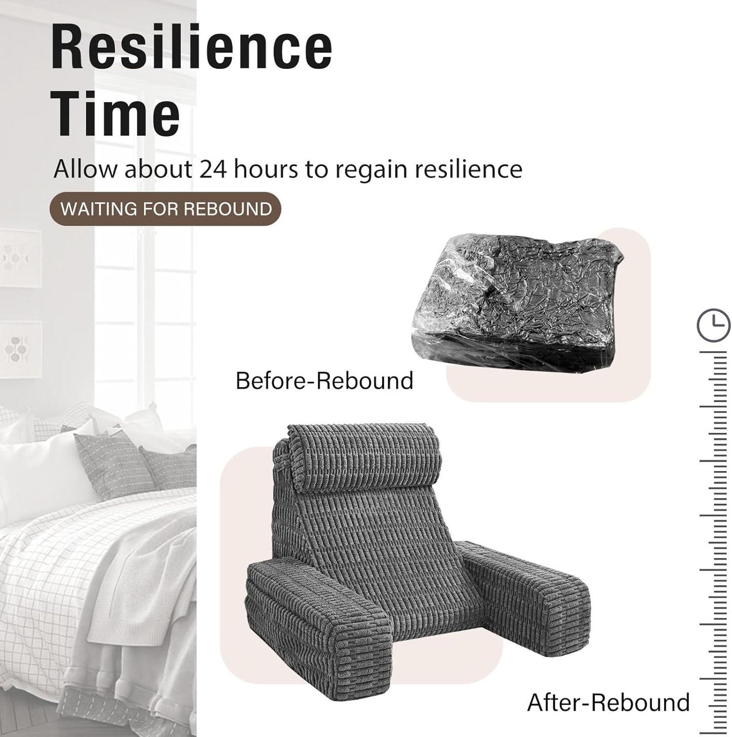 19" Reading Pillow for Bed with Built-in Arms & Large Pockets, Supportive Backrest Cushion for Reading, Resting, or Reclining, Washable Cover – Grey